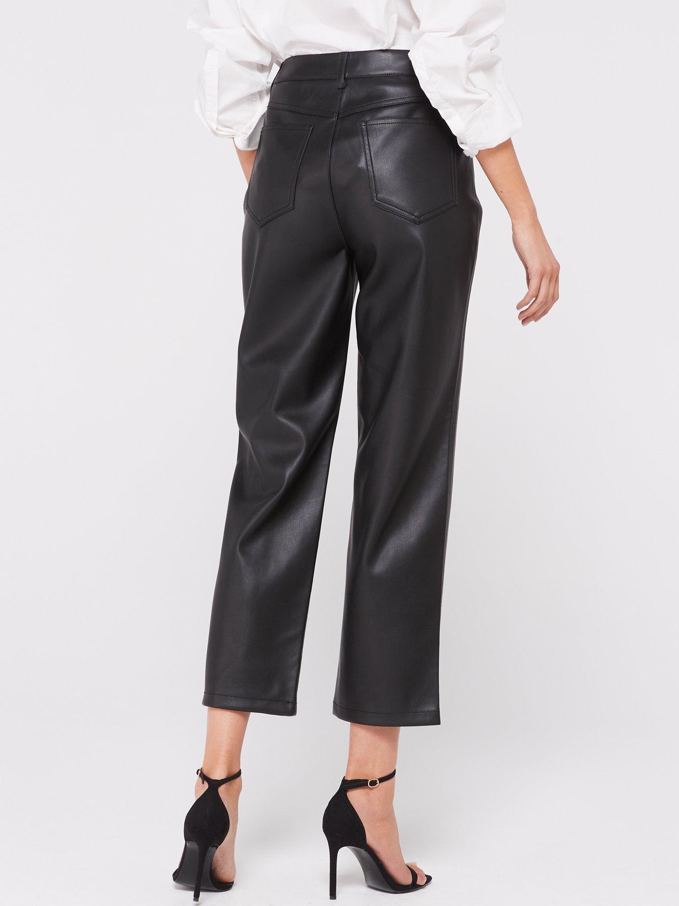 Stone Belted Straight Leg Faux Leather Pants