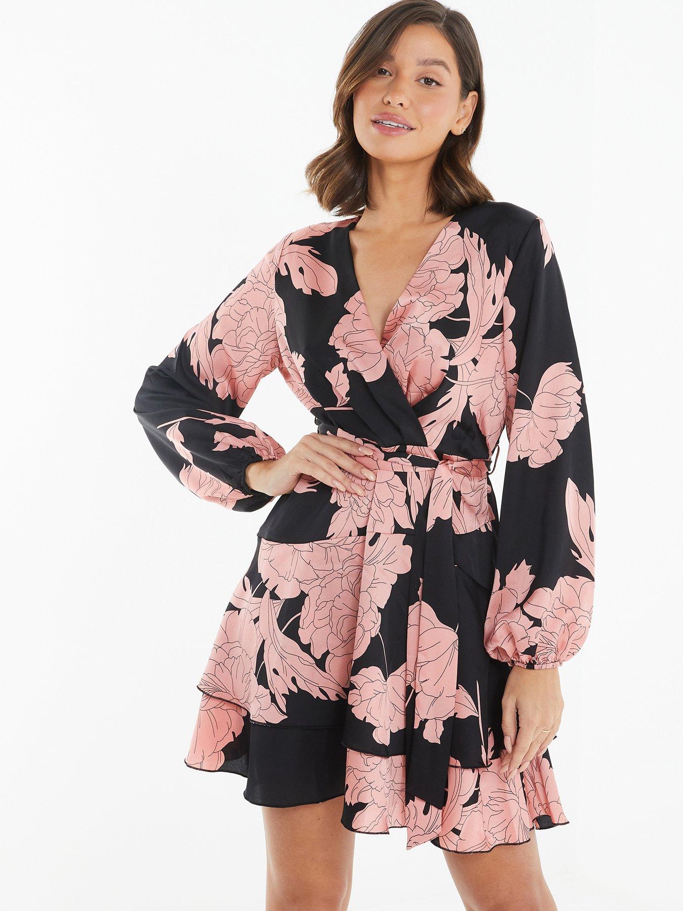 Quiz Black Floral Wrap Skater Dress | Very
