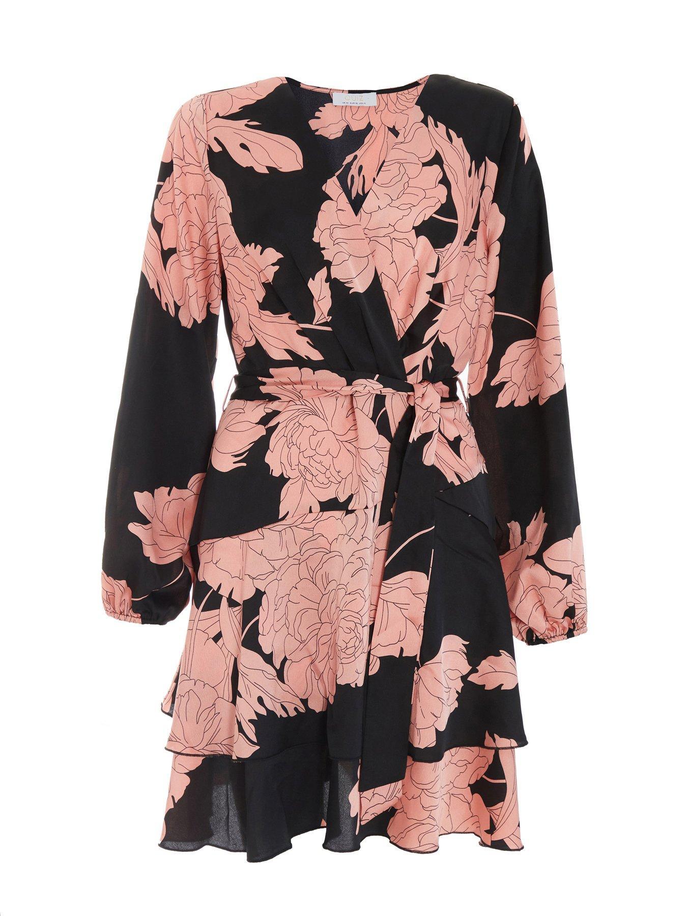 Quiz Black Floral Wrap Skater Dress | Very