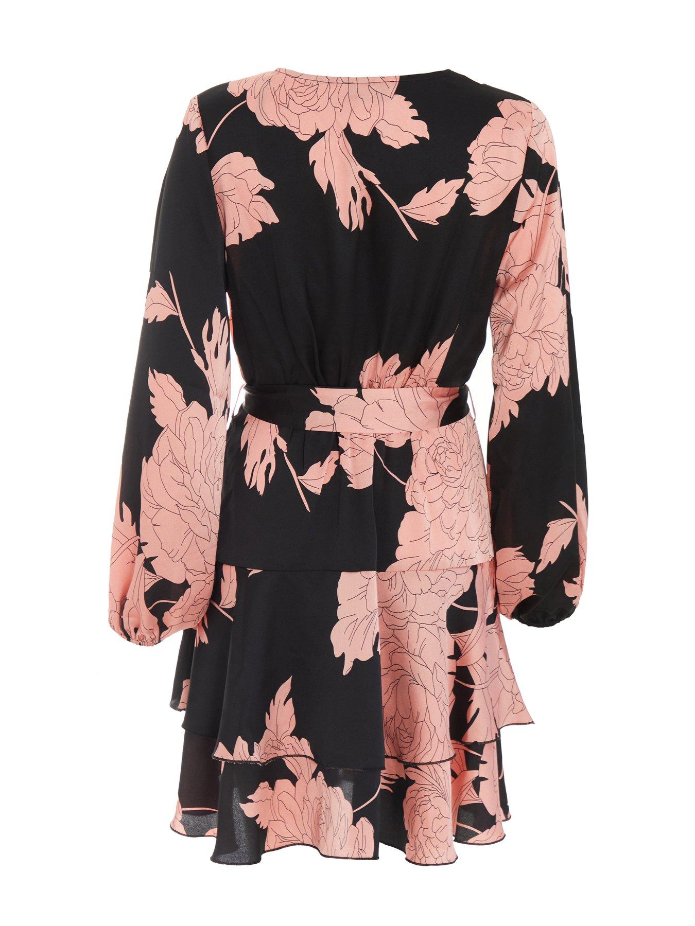 Quiz Black Floral Wrap Skater Dress | Very