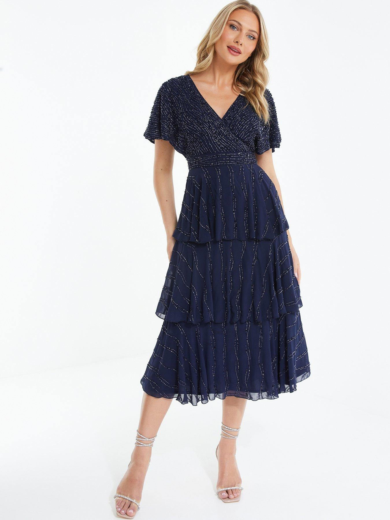 Quiz Navy Glitter Tiered Midi Dress | Very.co.uk