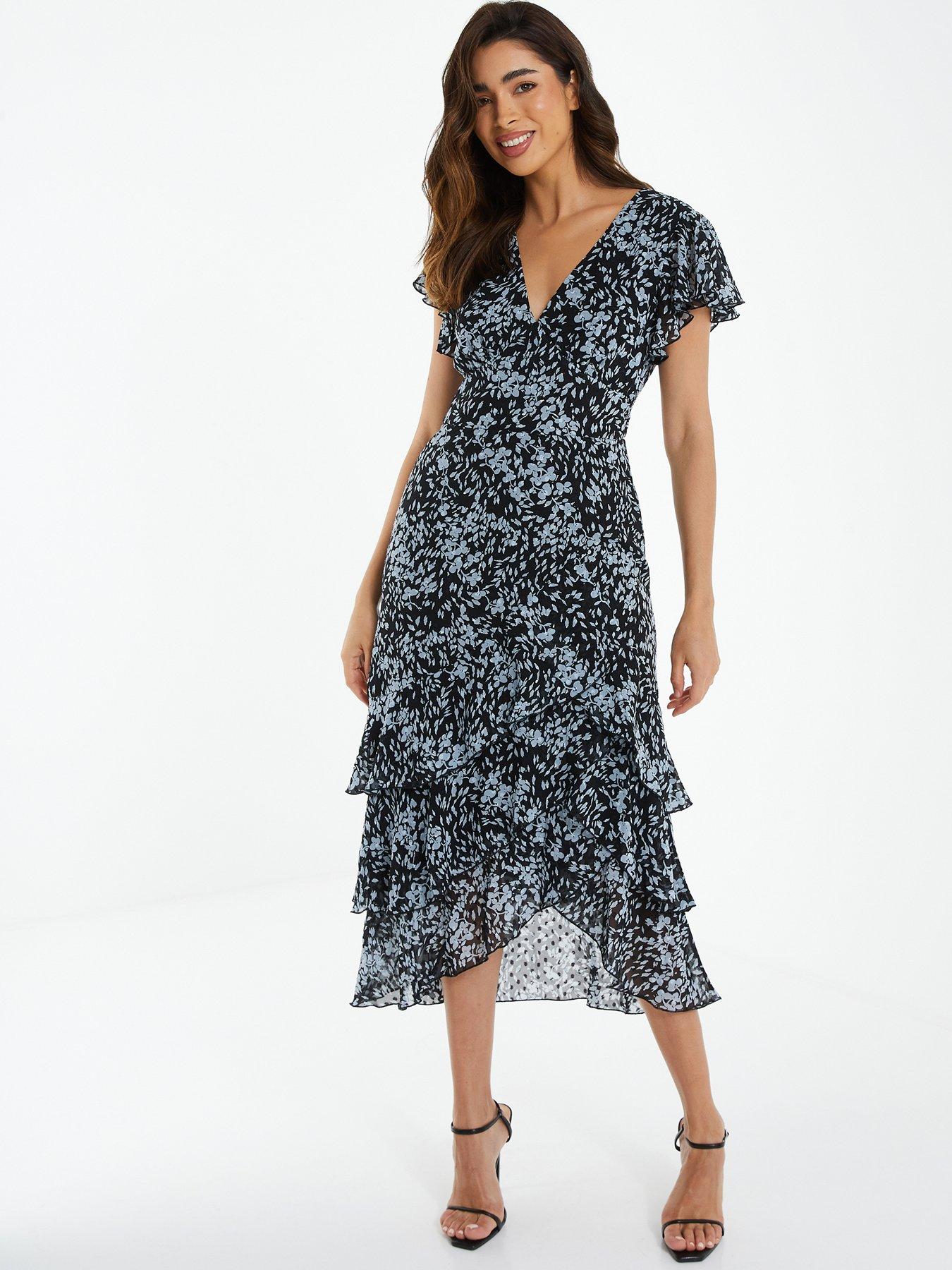Quiz Black Floral Tiered Midi Dress