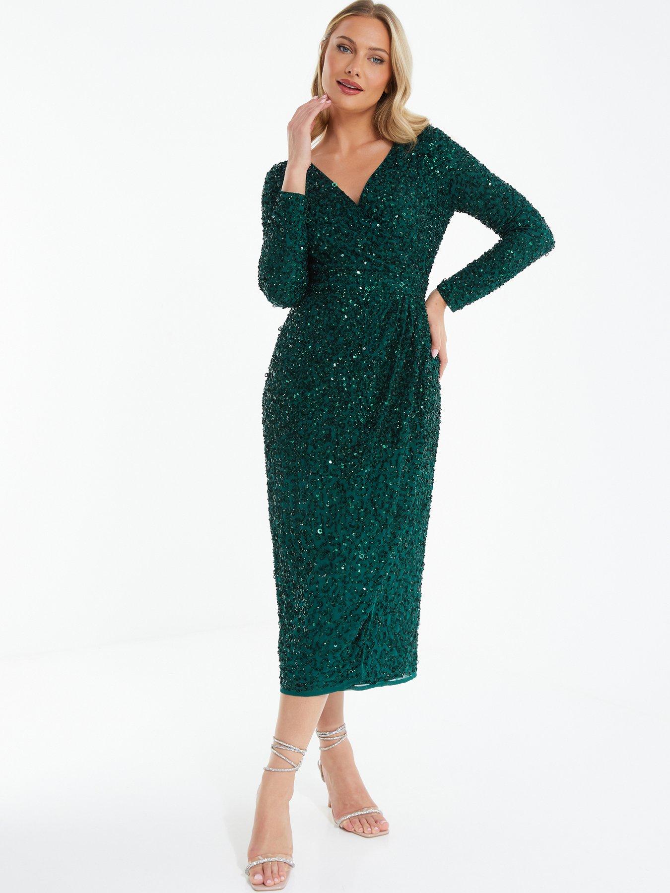Quiz Green Sequin Long Sleeve Wrap Midi Dress | very.co.uk