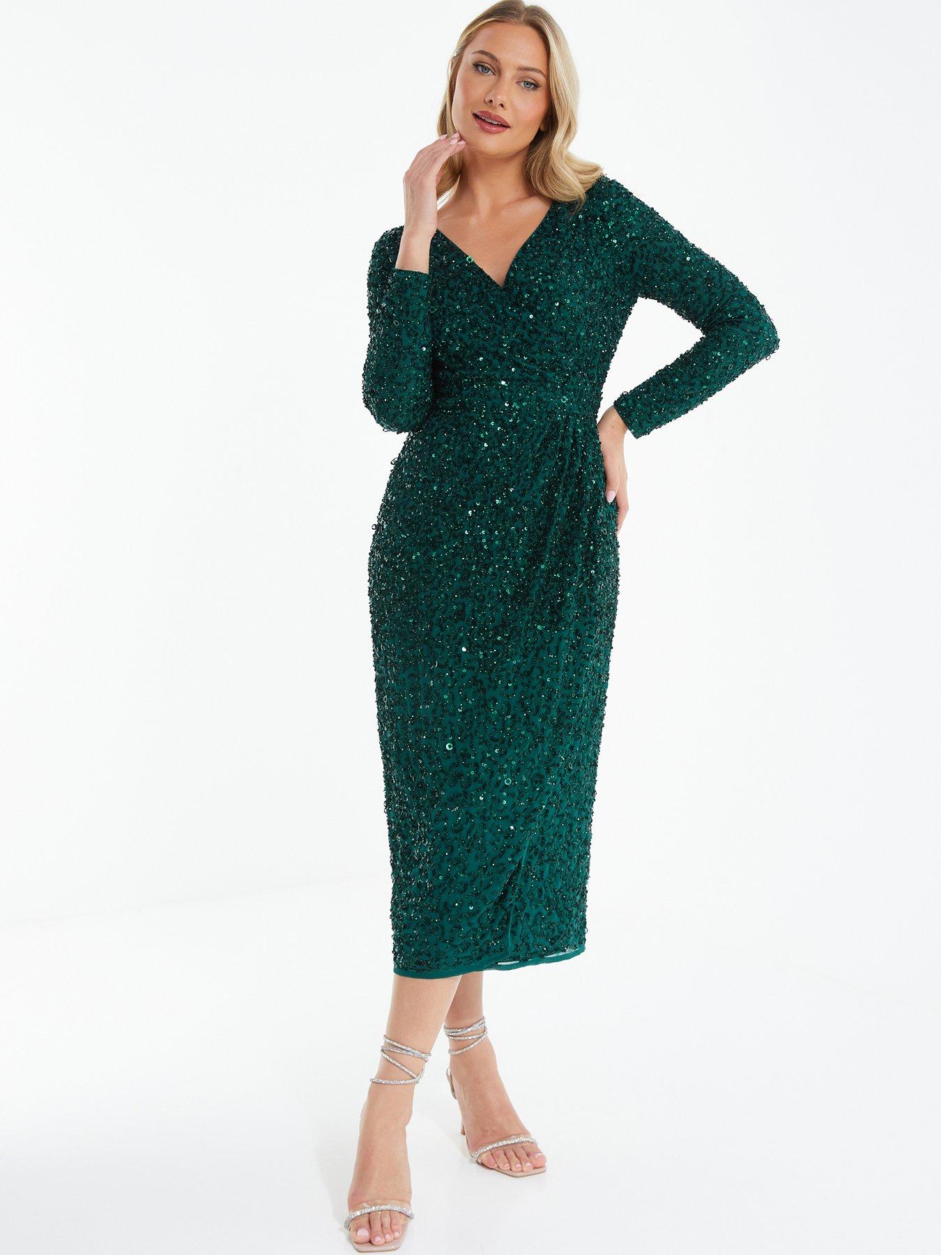 Quiz Green Sequin Long Sleeve Wrap Midi Dress | Very