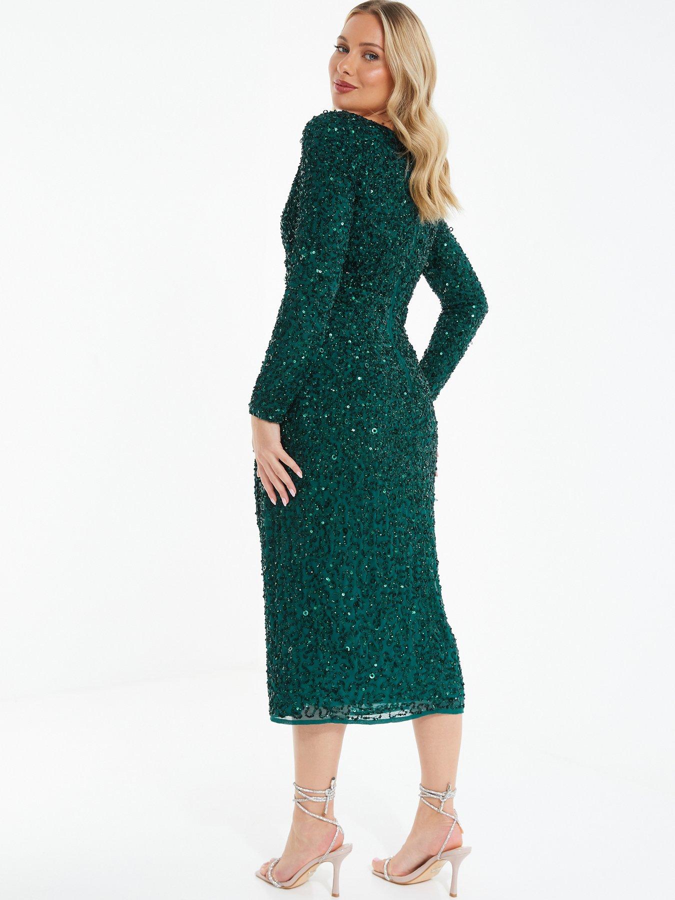 Green Sequin Long Sleeve Wrap Midi Dress