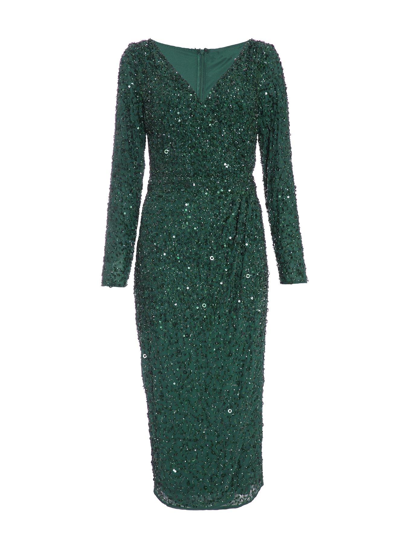 Quiz Green Sequin Long Sleeve Wrap Midi Dress | Very
