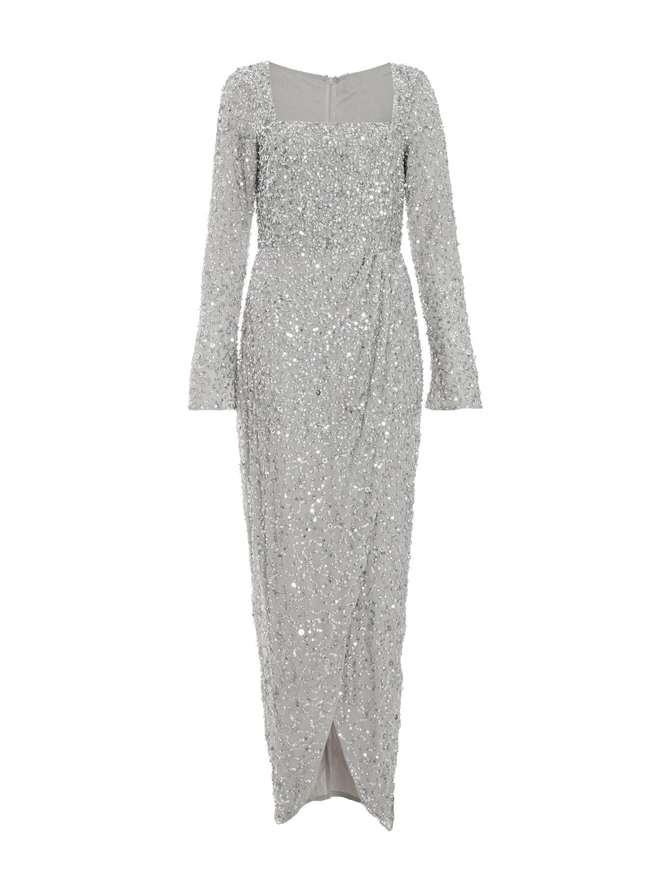 quiz grey dress Quiz Grey Knitted Pearl Embellished Jumper Dress - S