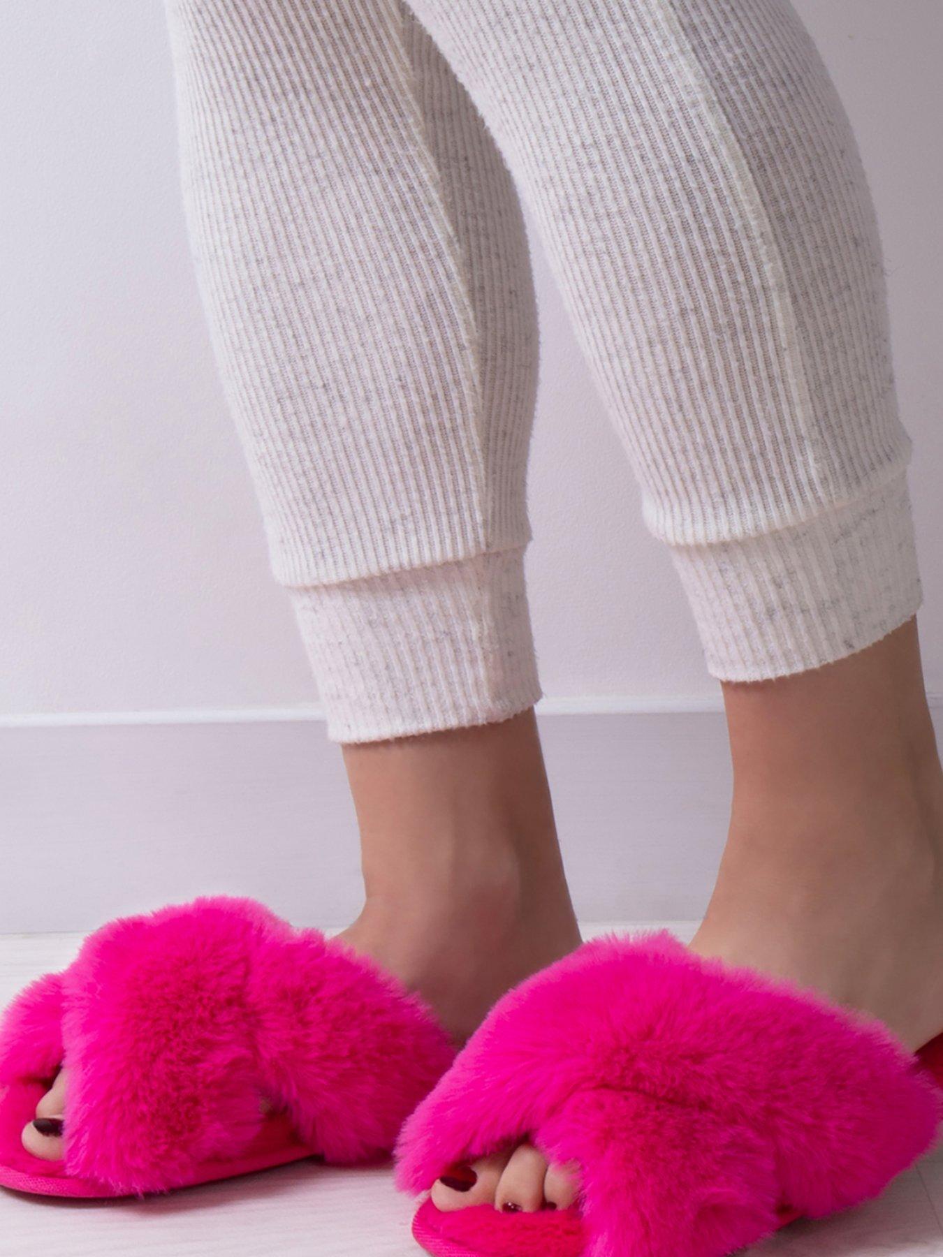 TOTES Plush Faux Fur Cross Over Slider Slippers Pink very