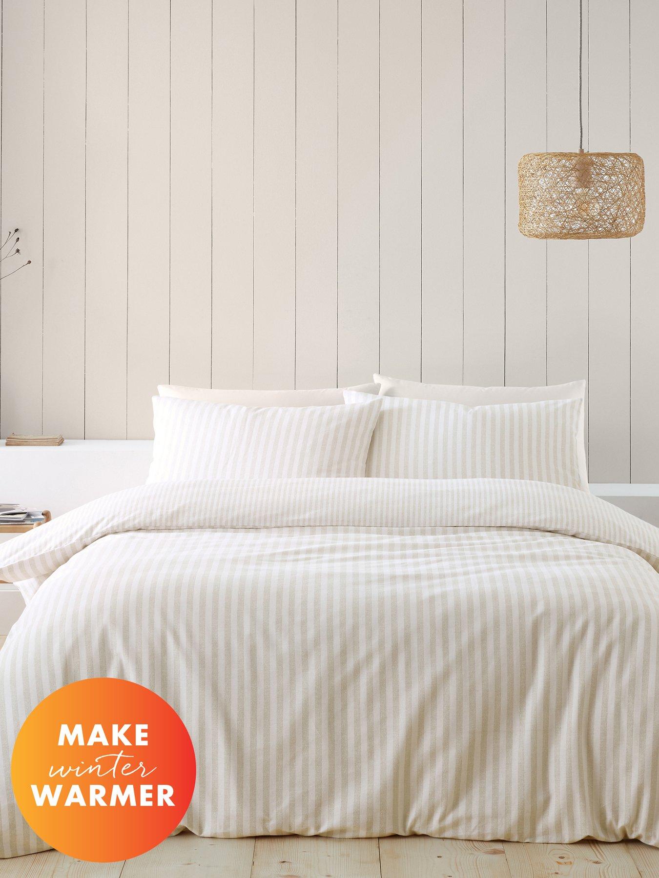 Product photograph of Catherine Lansfield Brushed 100 Cotton Stripe Natural Duvet Set from very.co.uk