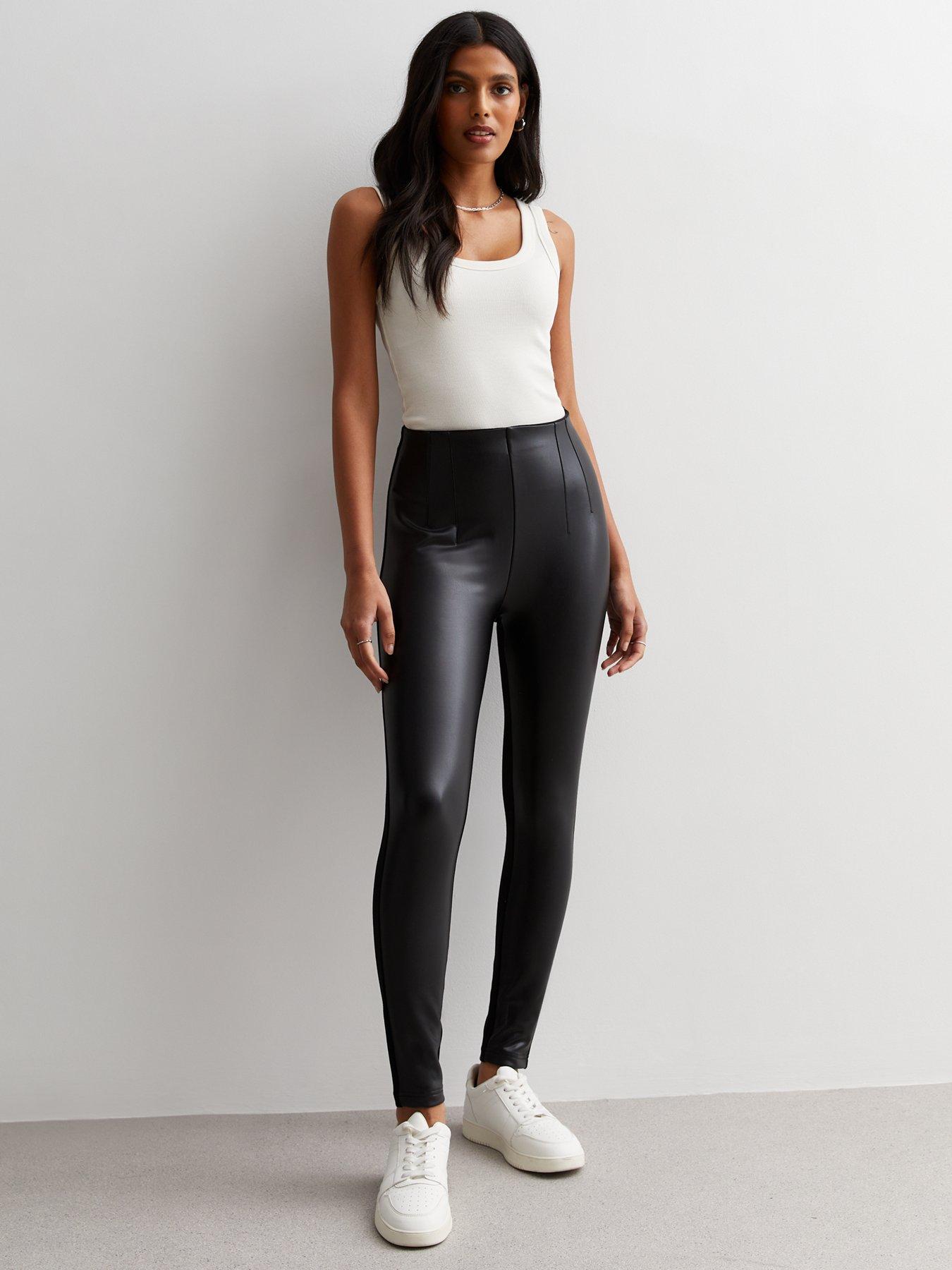 New Look Cameo Rose Black Leather-Look High Waist Leggings