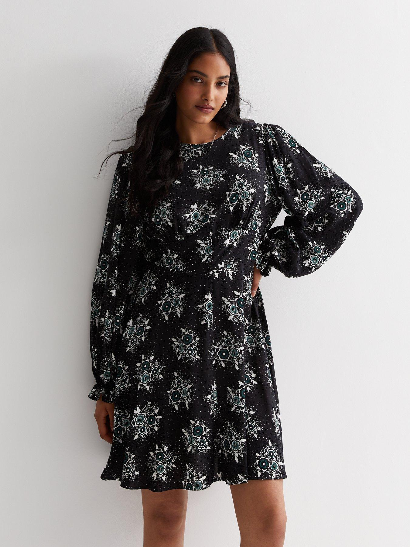 New Look Black Floral V Neck Mini Tea Dress Uk