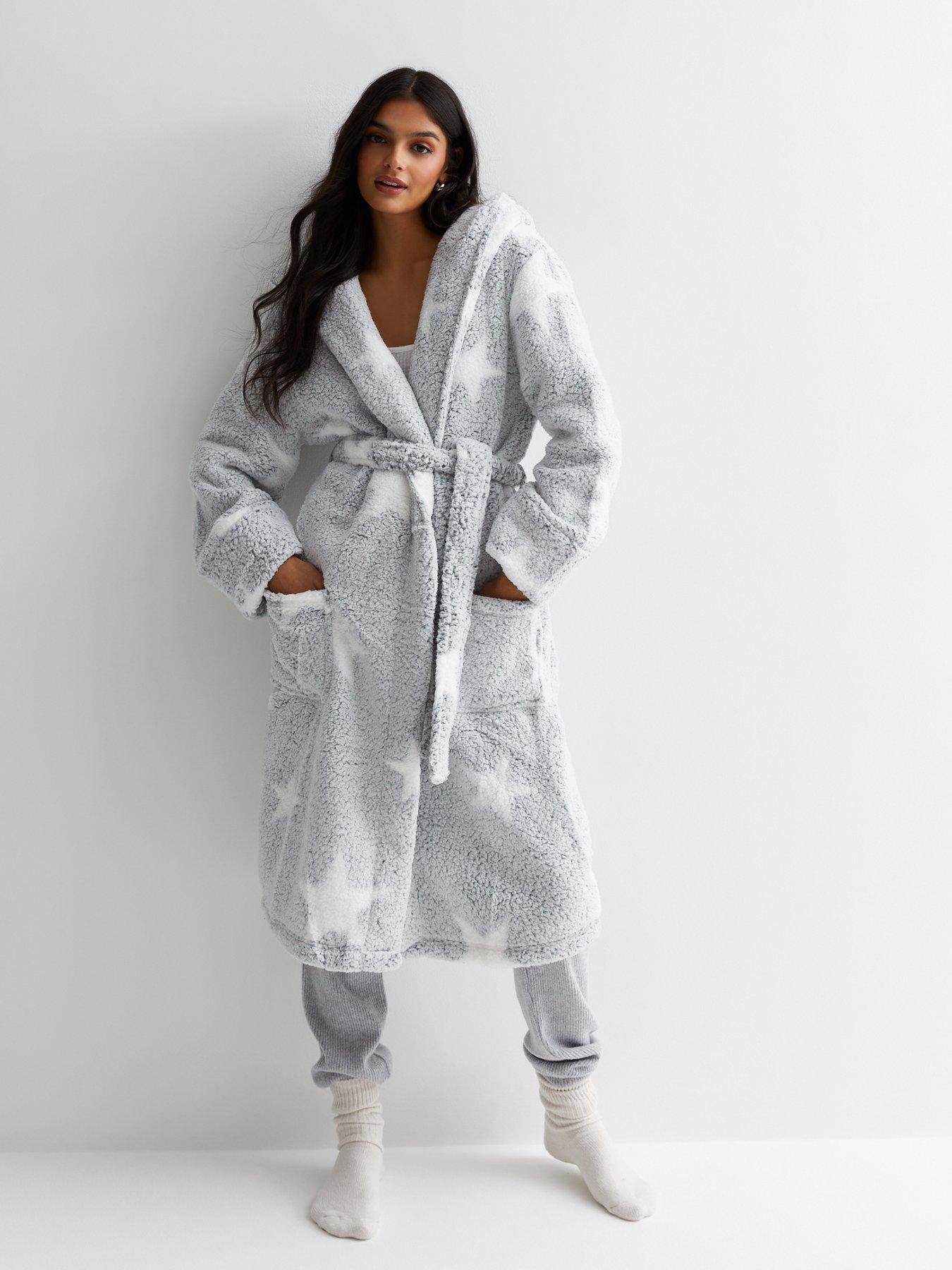 Cosy Faux Fur Trim Hooded Dressing Gown, Grey/White