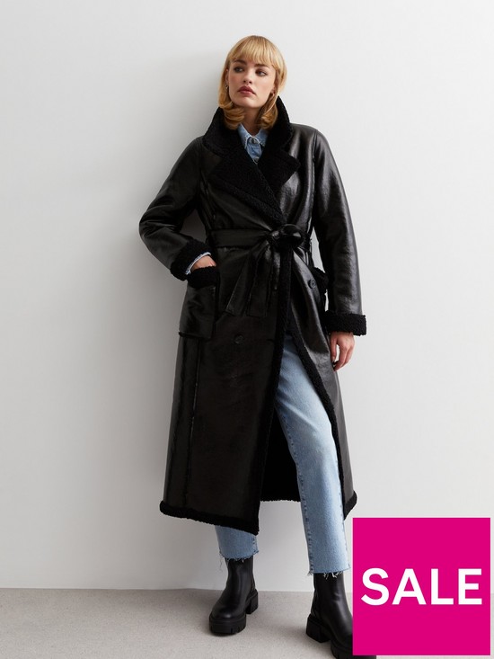 front image of new-look-black-vinyl-belted-long-trench-coat