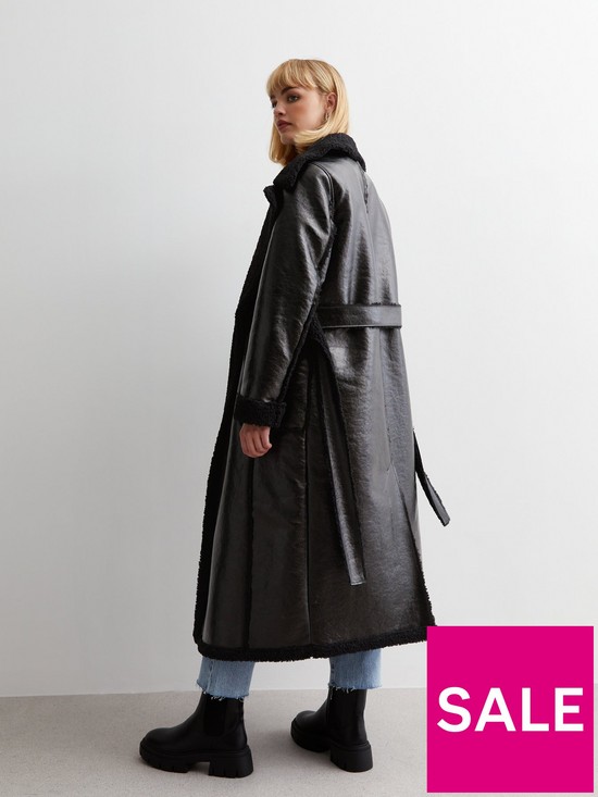 stillFront image of new-look-black-vinyl-belted-long-trench-coat