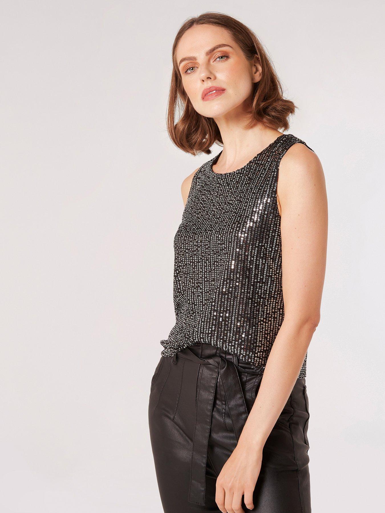 Apricot All Over Sequin Lines Shell Top