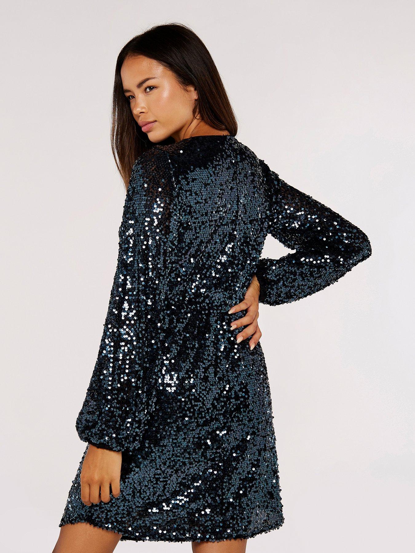 Sequin Puff Sleeve Tie Waist Dress