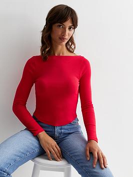 new look red ribbed slash neck top