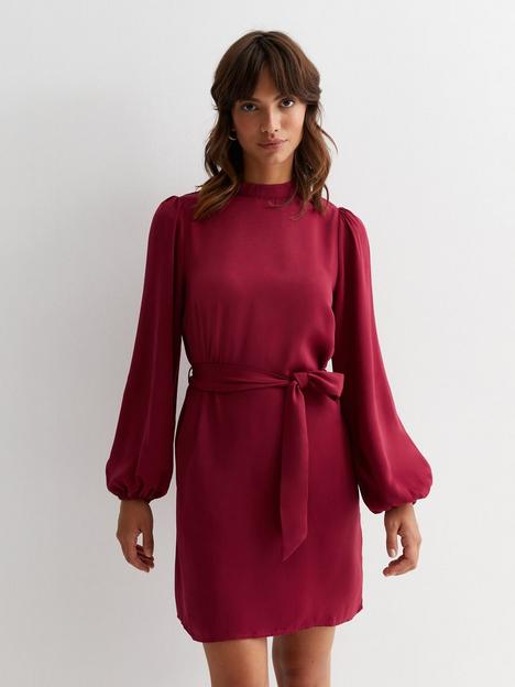 new-look-burgundy-high-neck-belted-mini-dress