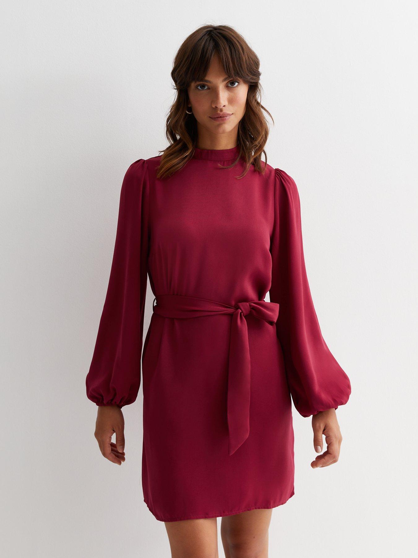 New Look Burgundy High Neck Belted Mini Dress | very.co.uk