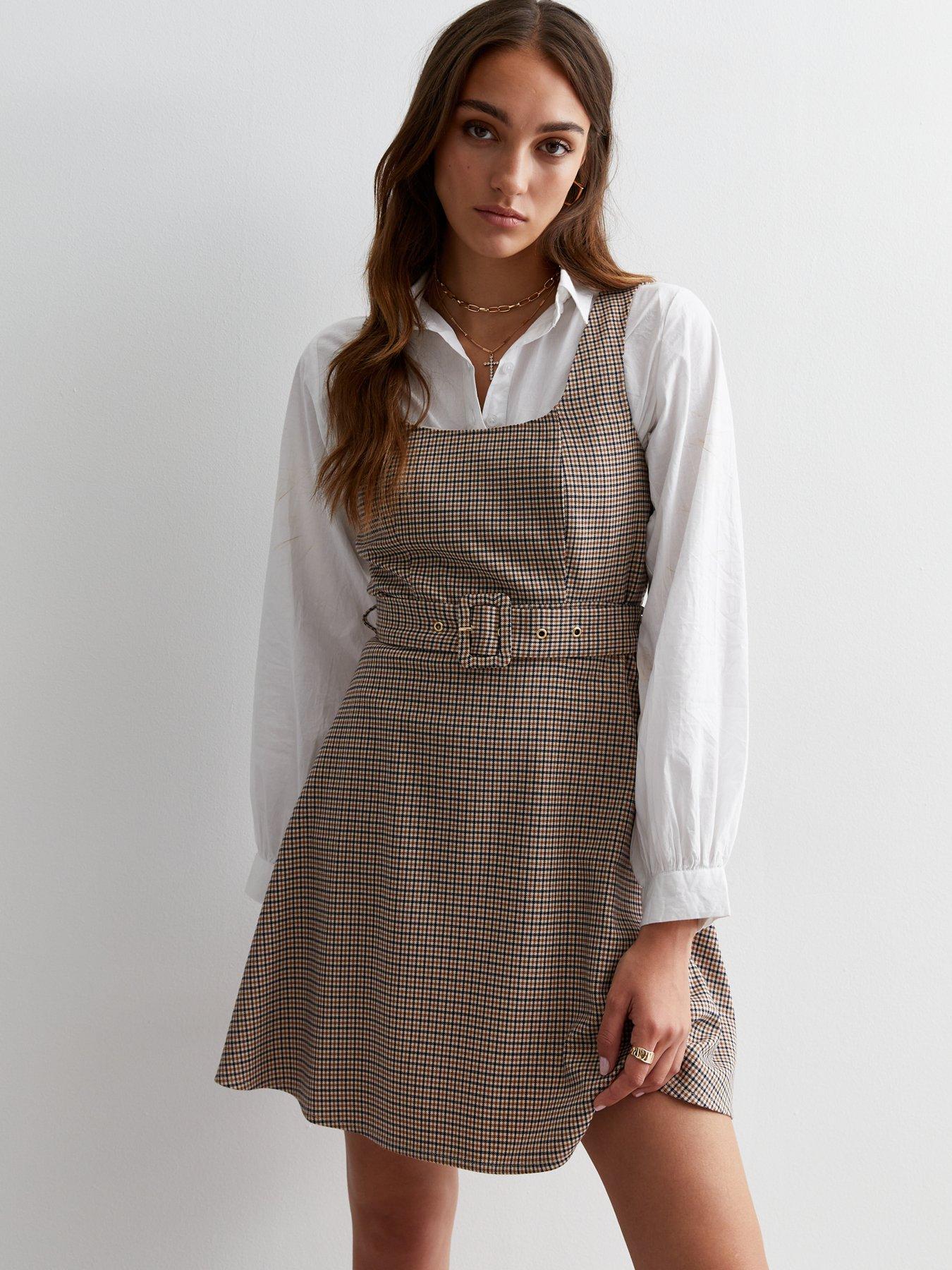 New Look Brown Check Belted Mini Pinafore Dress Very