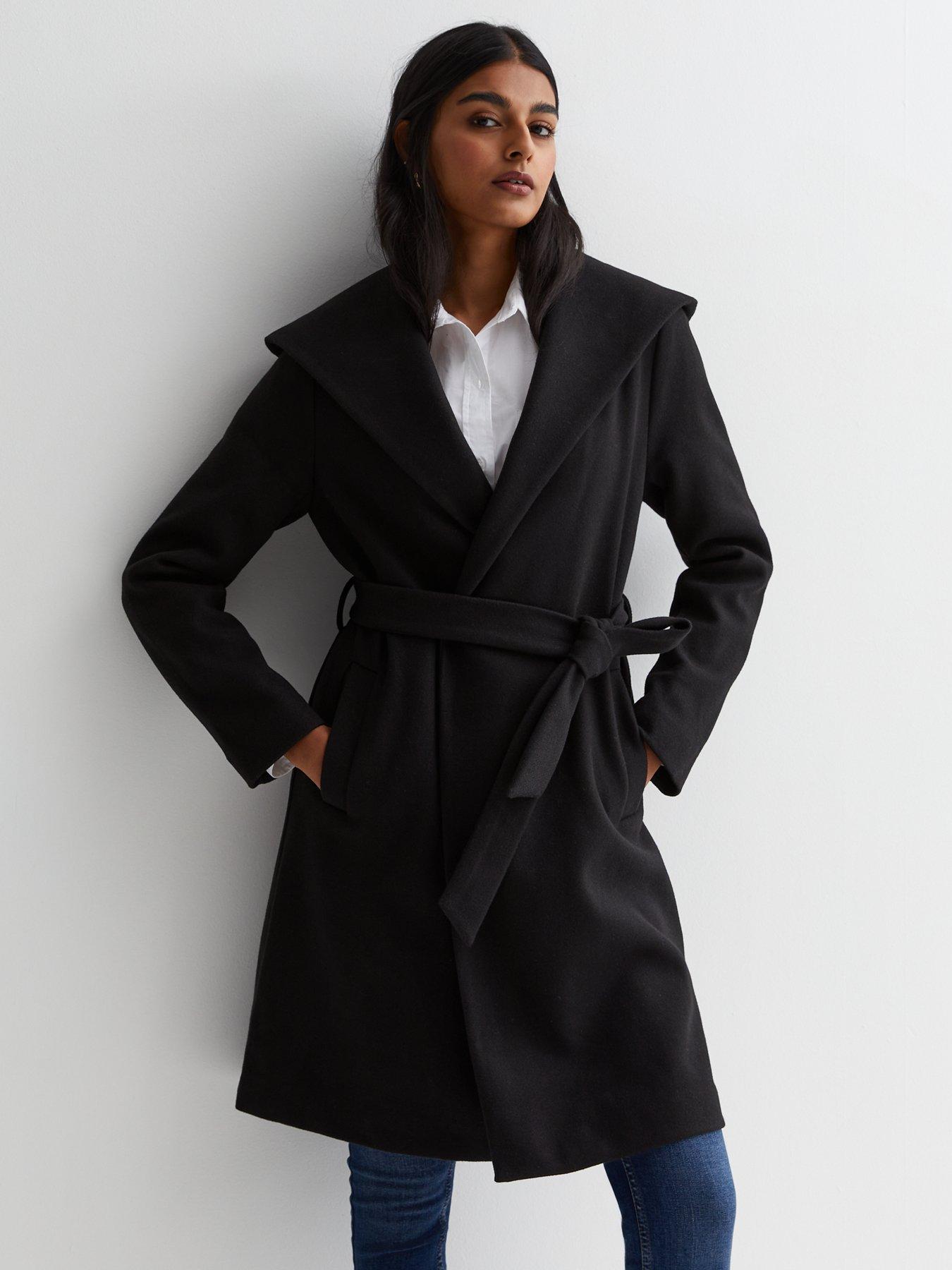 Womens long black hot sale belted coat