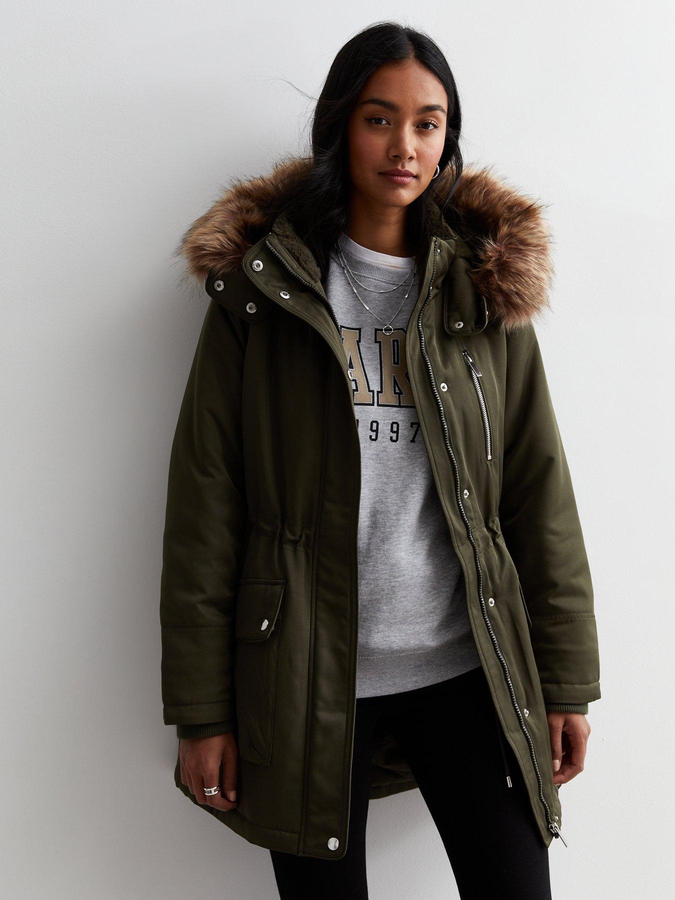 New Look Khaki Faux Fur Lined Hooded Parka Jacket | very.co.uk