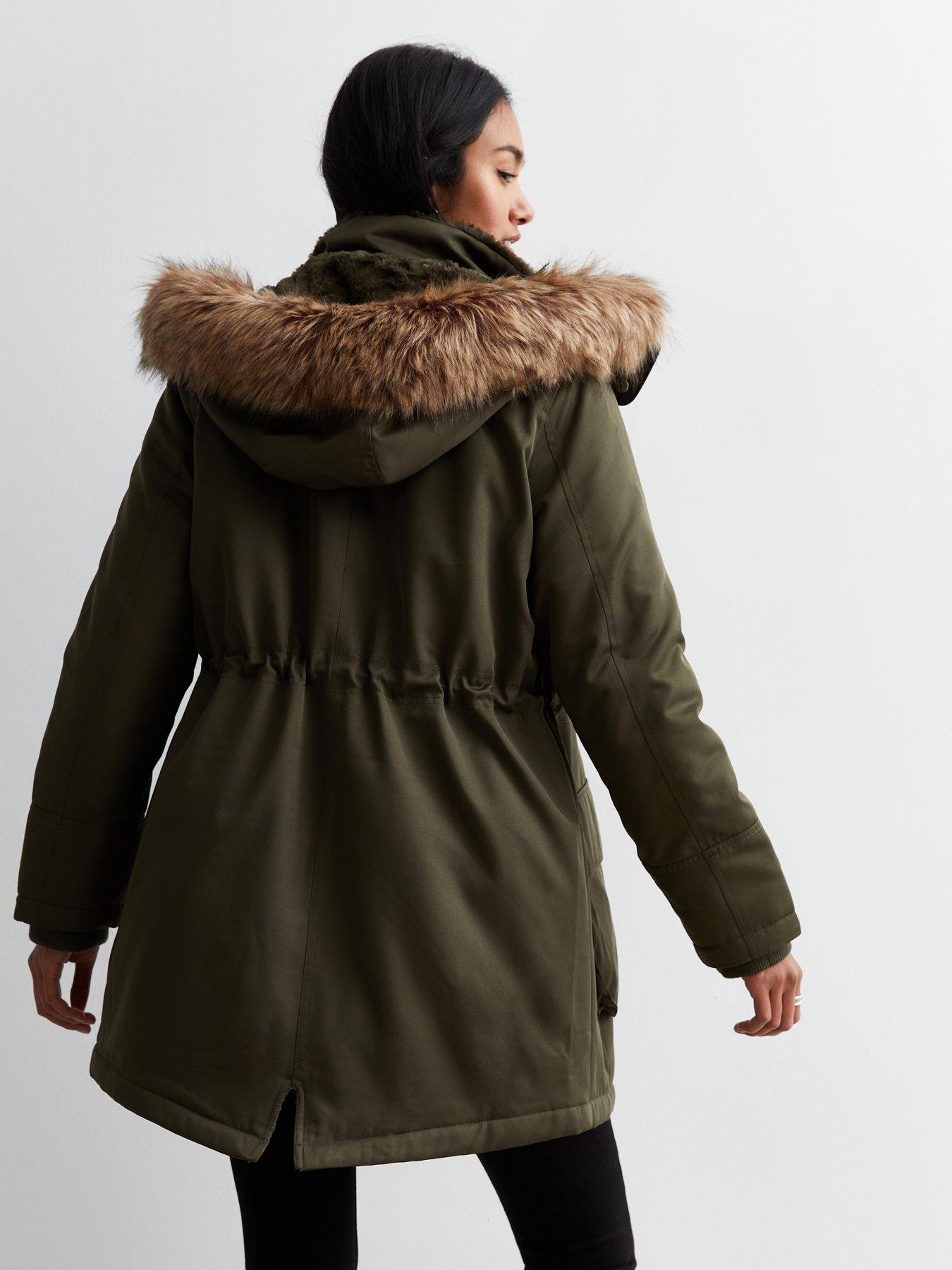 Ladies khaki parka fur hood best sale