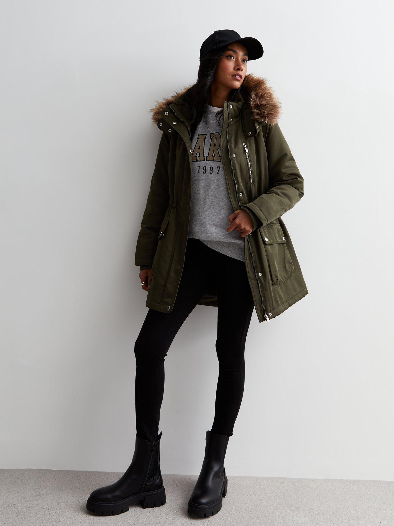 Khaki faux fur trim parka outlet coat