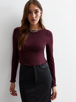 new look burgundy ribbed frill long sleeve top
