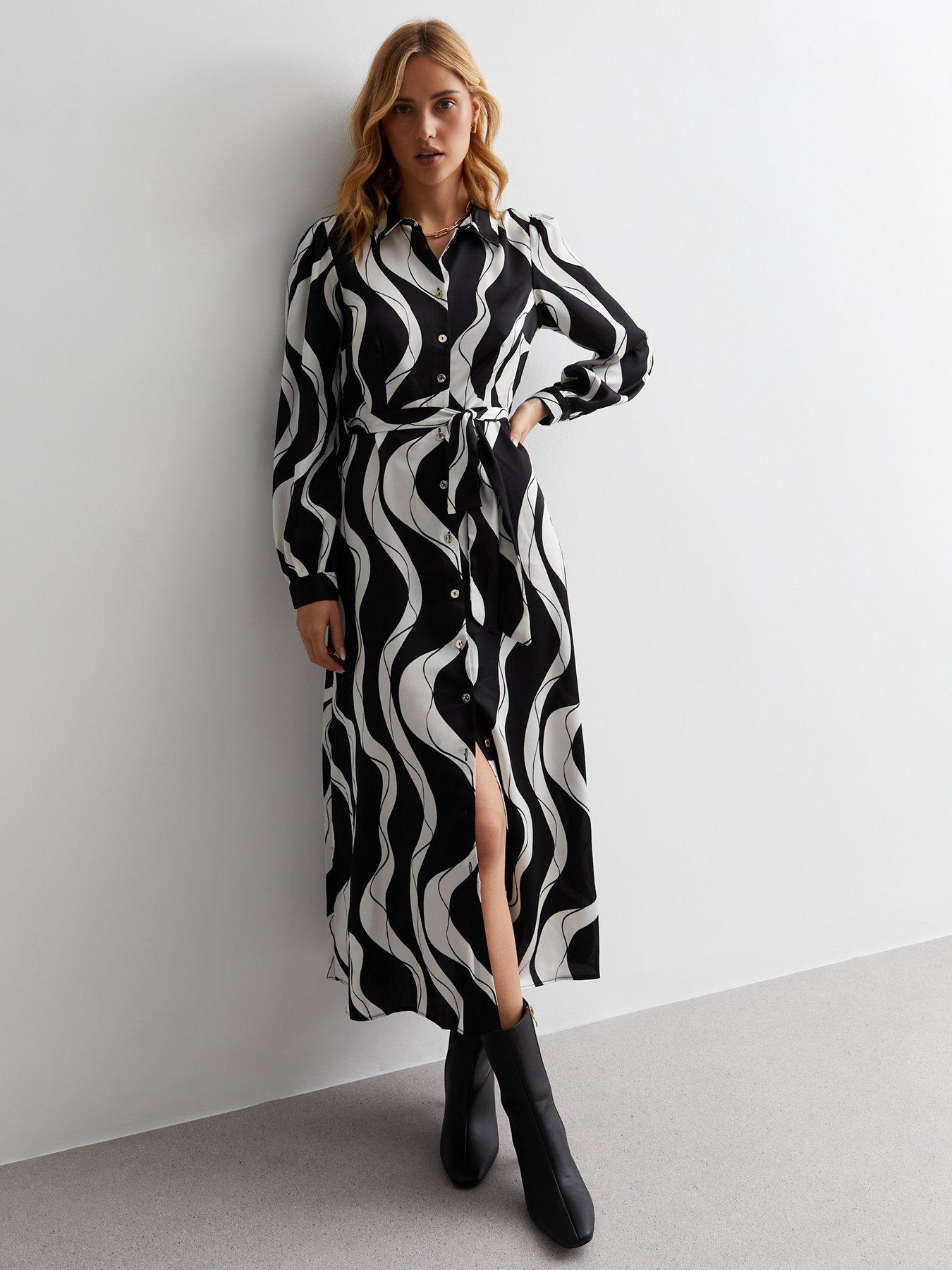 Black Wave Print Belted Midaxi Shirt Dress