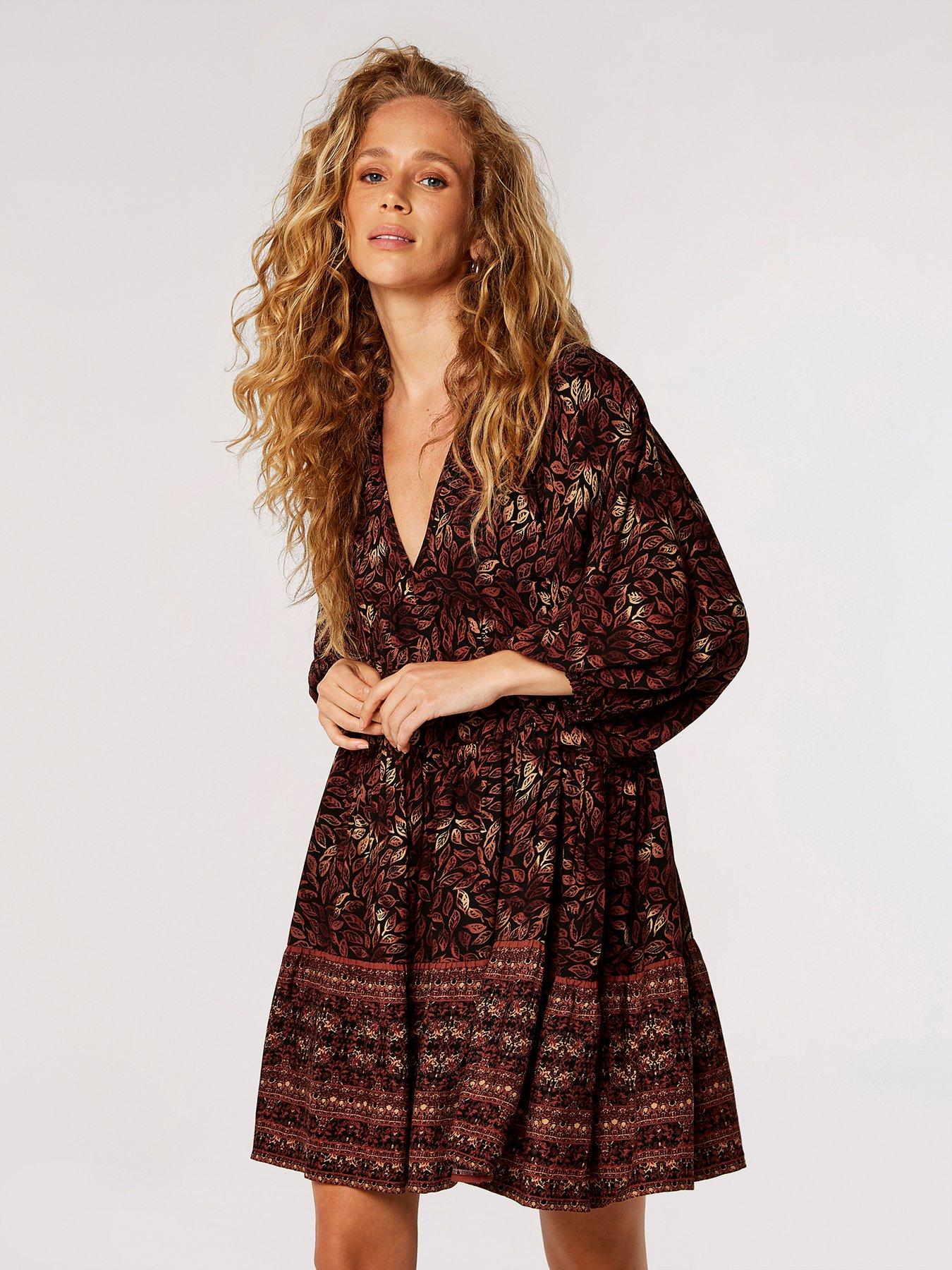 apricot-block-print-leaf-dress