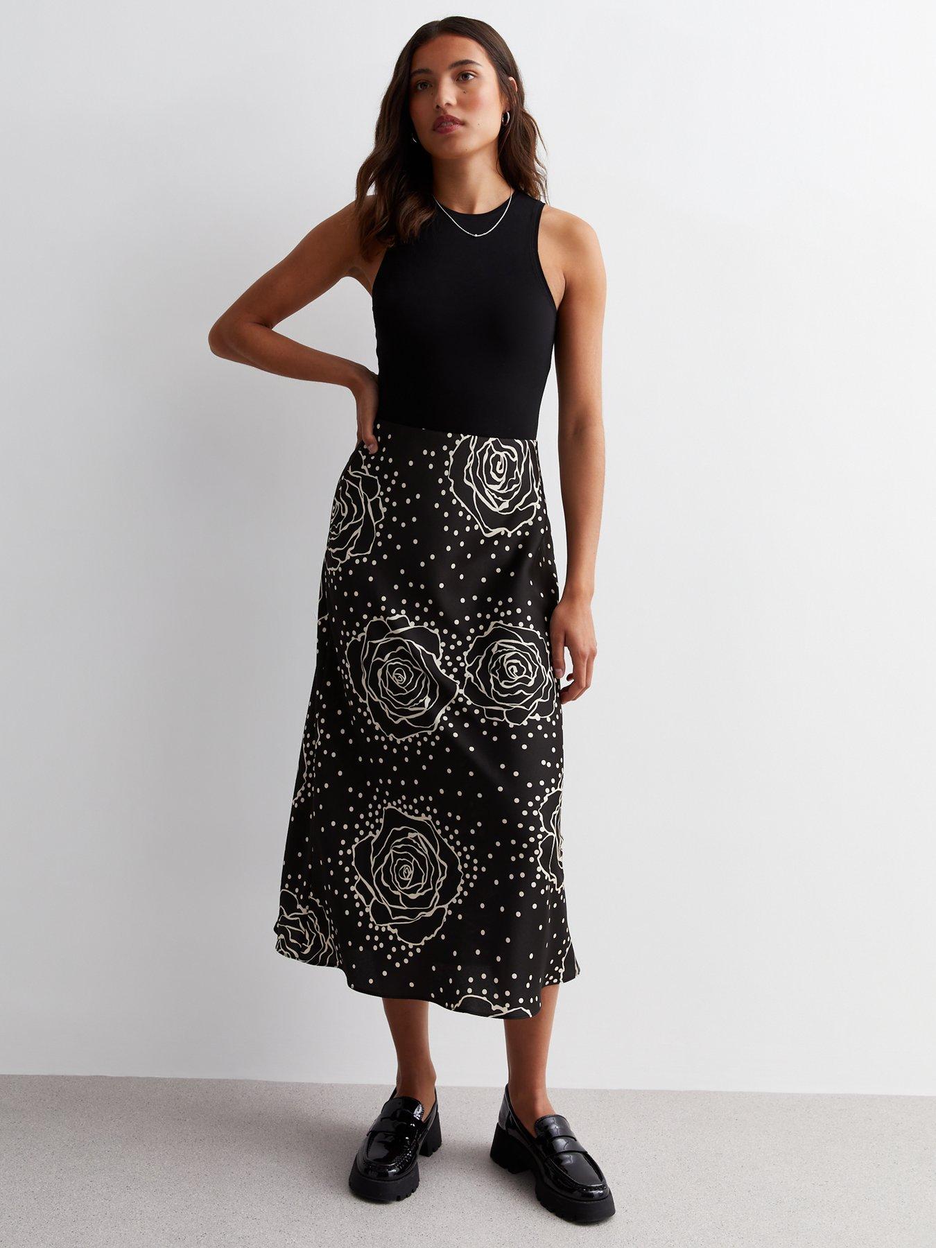 New Look Black Rose Spot Print Satin Midaxi Skirt Very