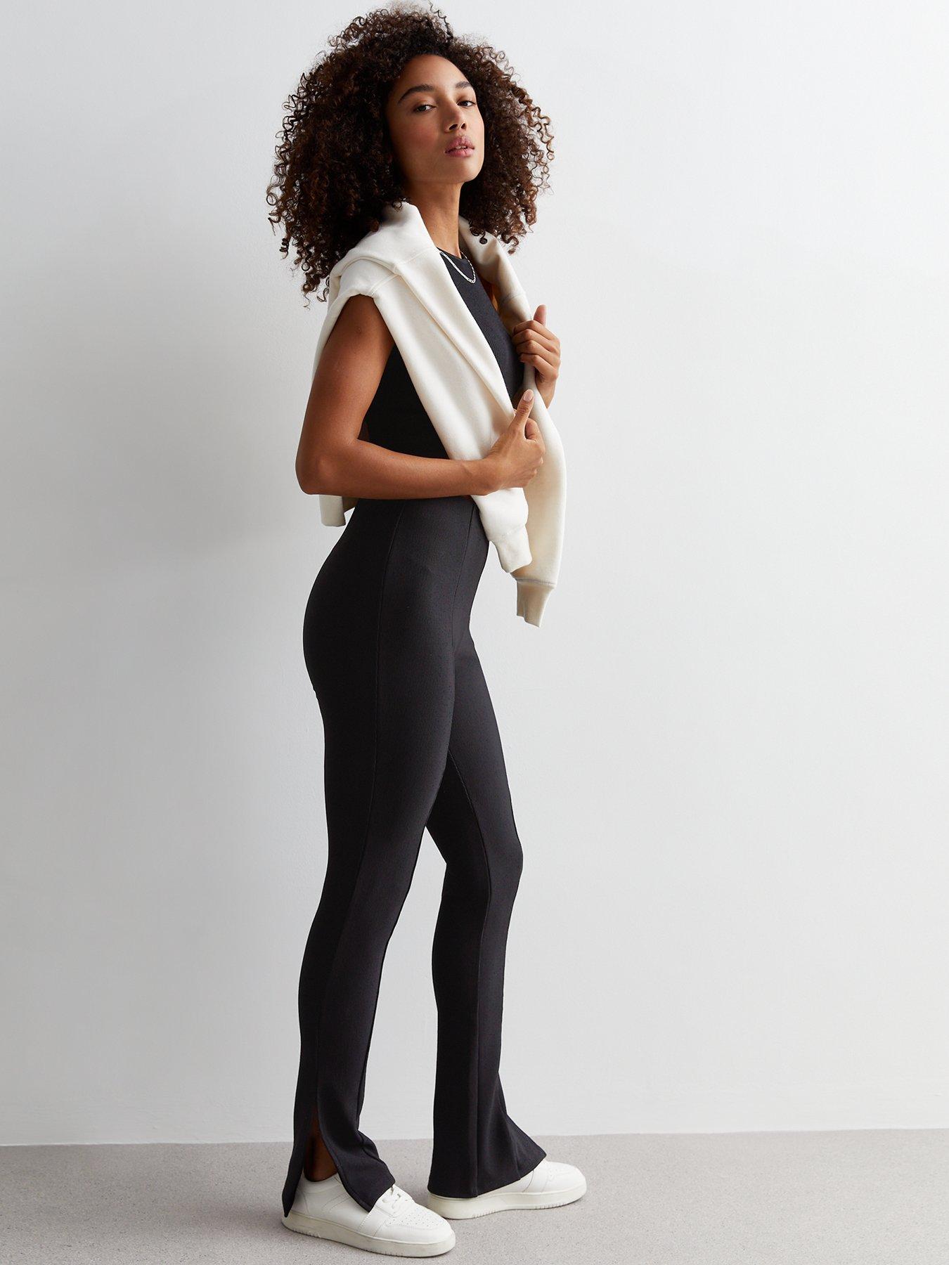 Black Ribbed Split Hem Flared Leggings