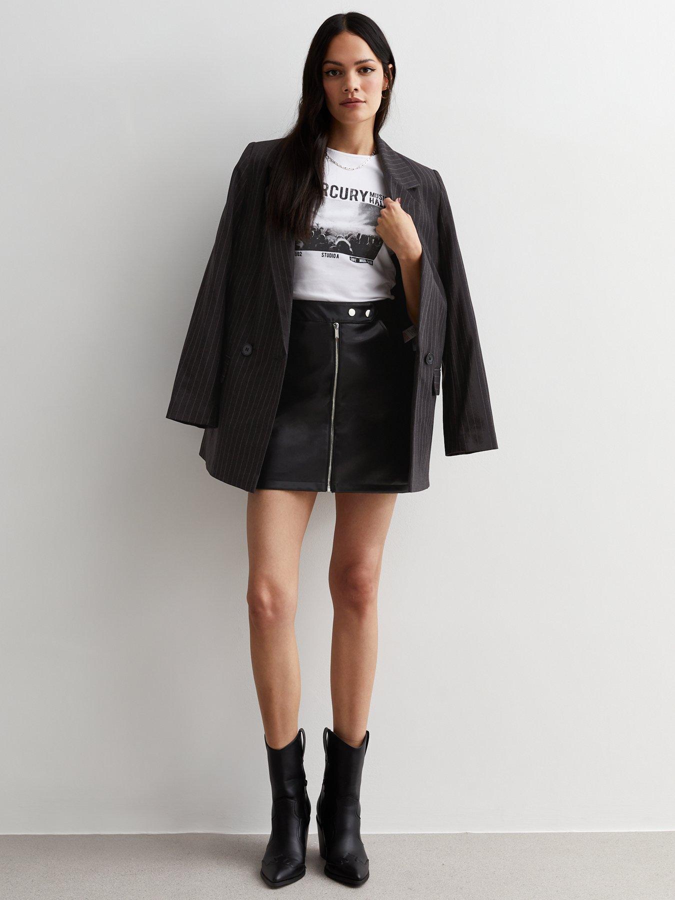 Black Leather Look Zip Front Mini Skirt