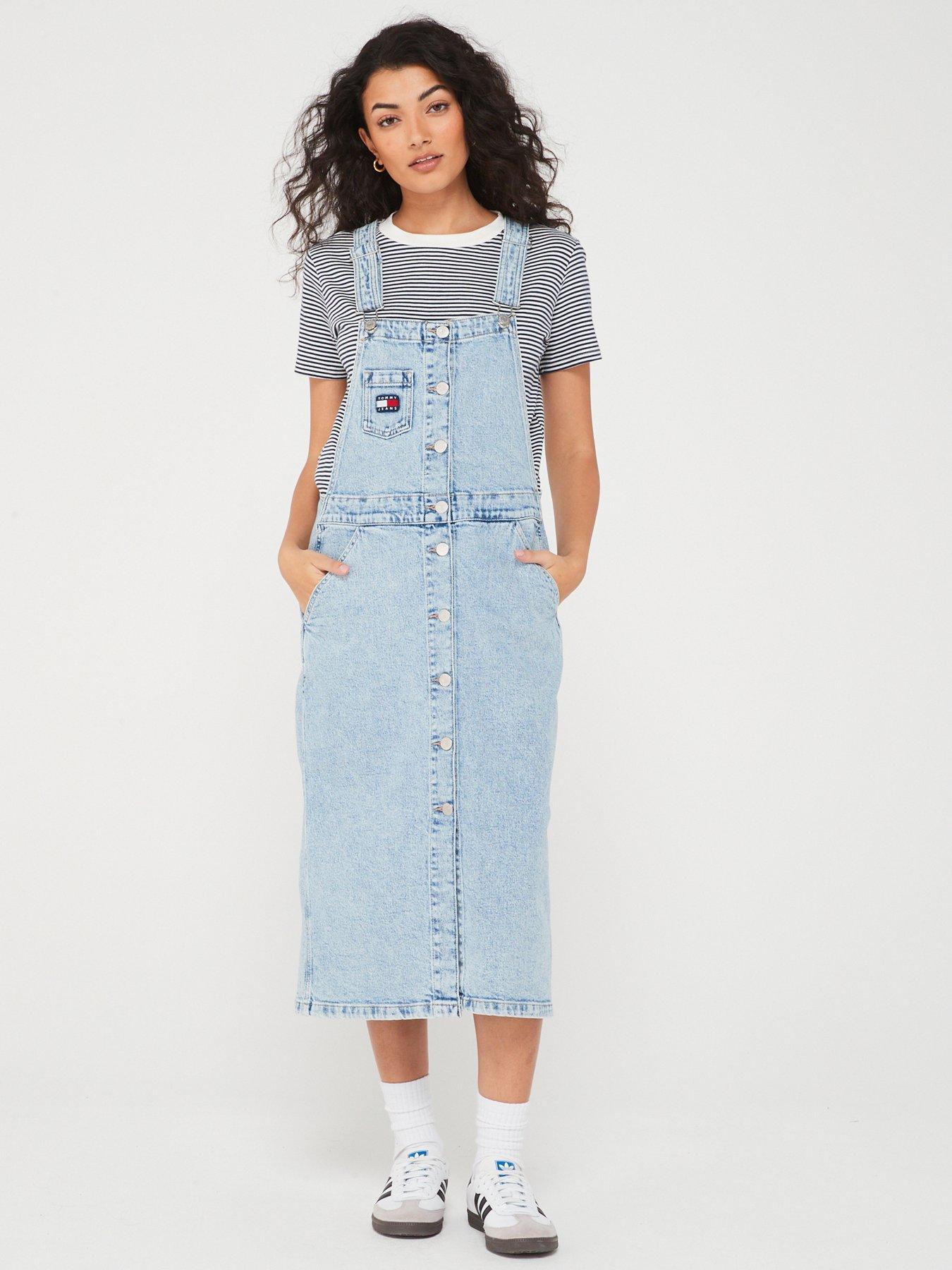 Denim midi store pinafore dress uk