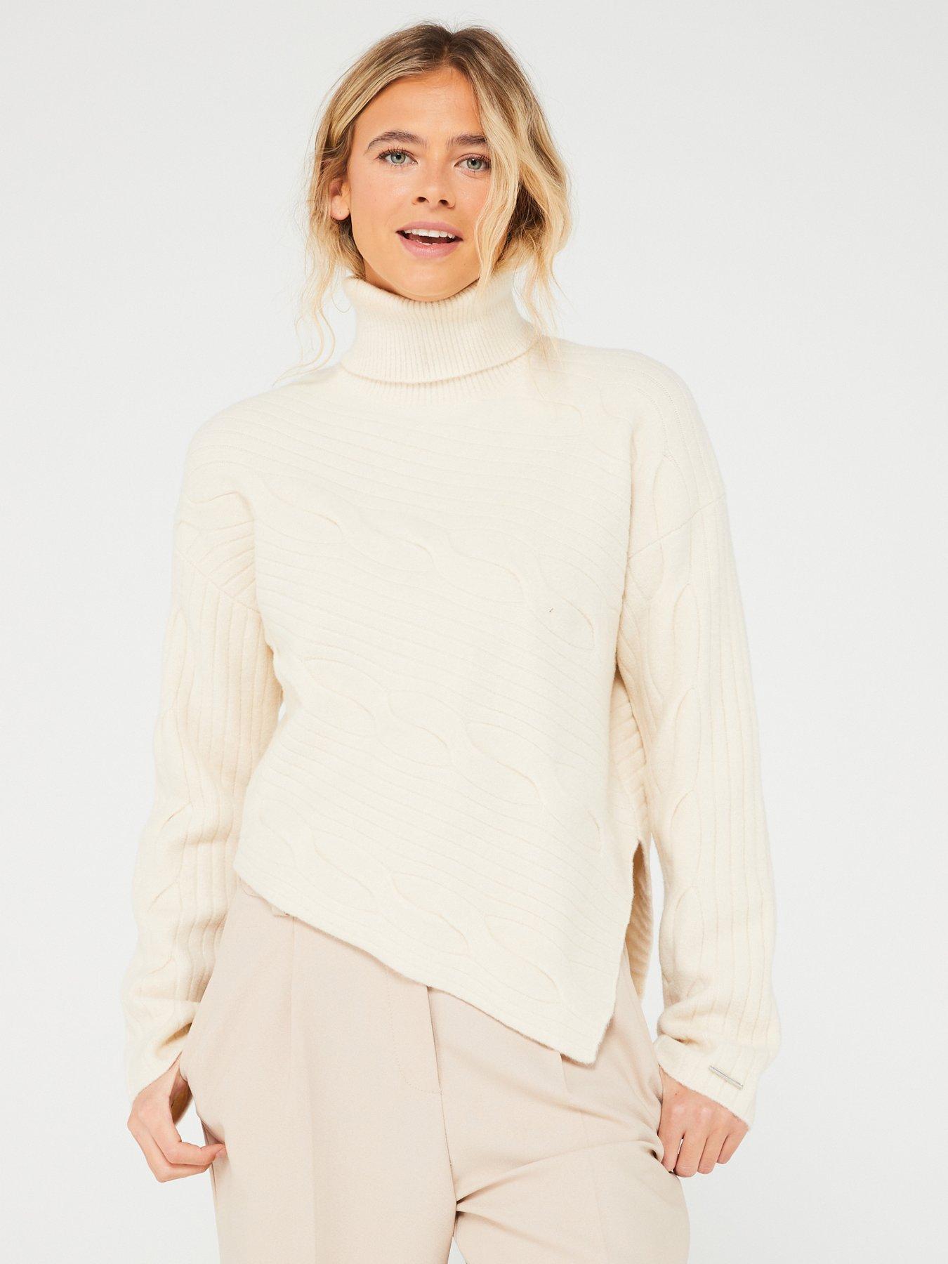 Asymmetric Wool Blend Cable Knit Jumper Cream