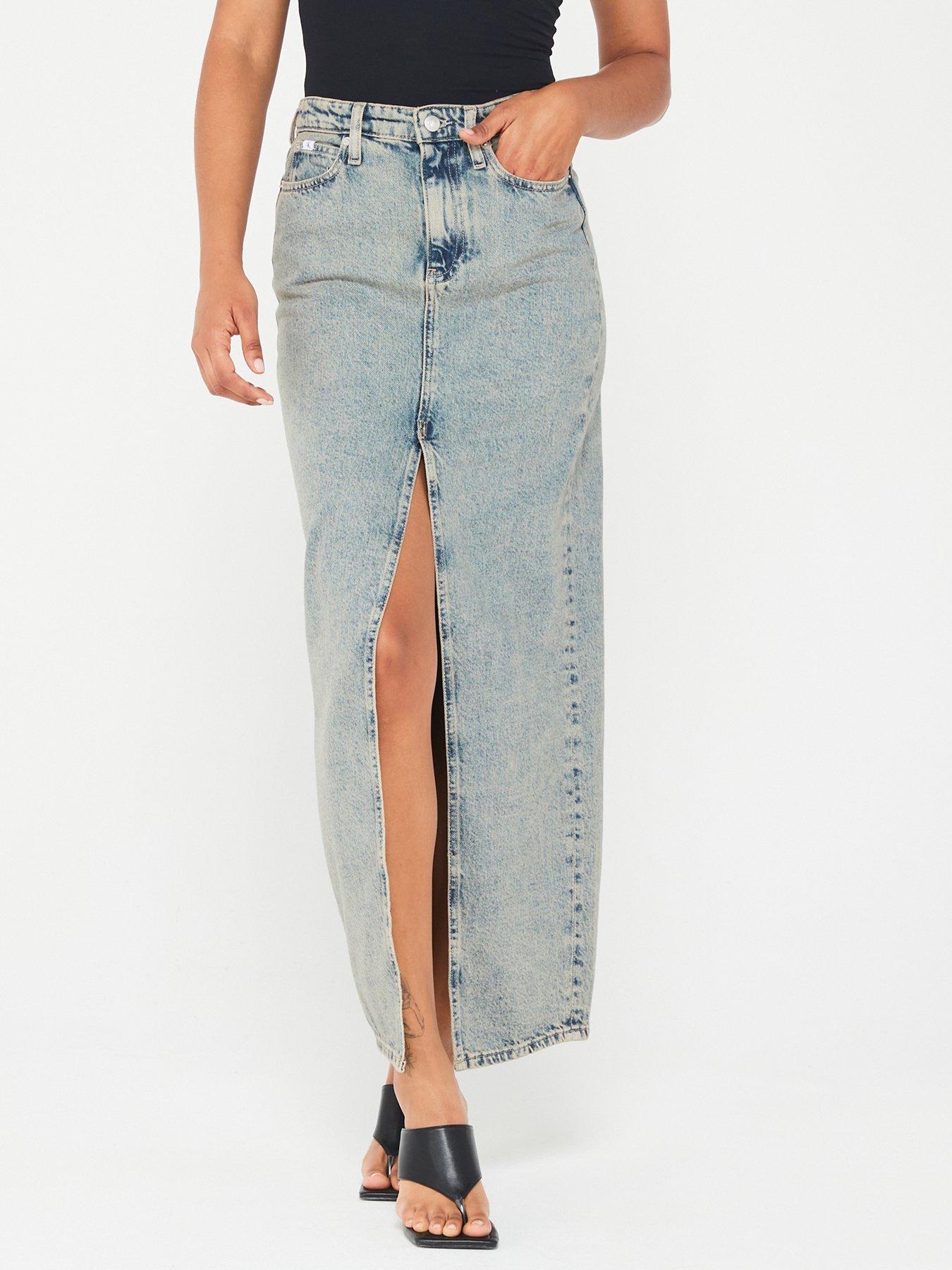 Image 1 of 5 of Calvin Klein Jeans Front Split Maxi Denim Skirt - Blue