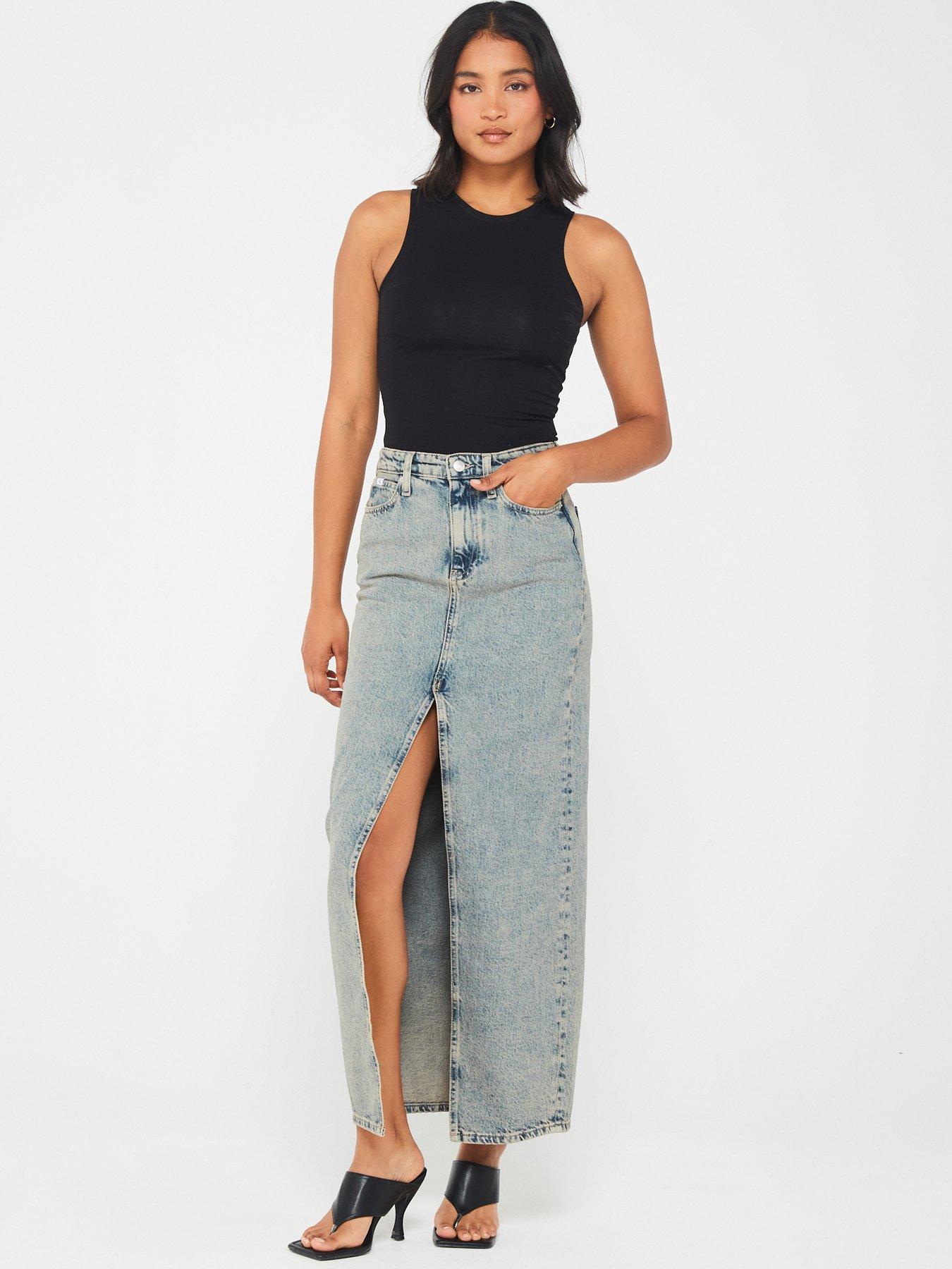 Image 4 of 5 of Calvin Klein Jeans Front Split Maxi Denim Skirt - Blue