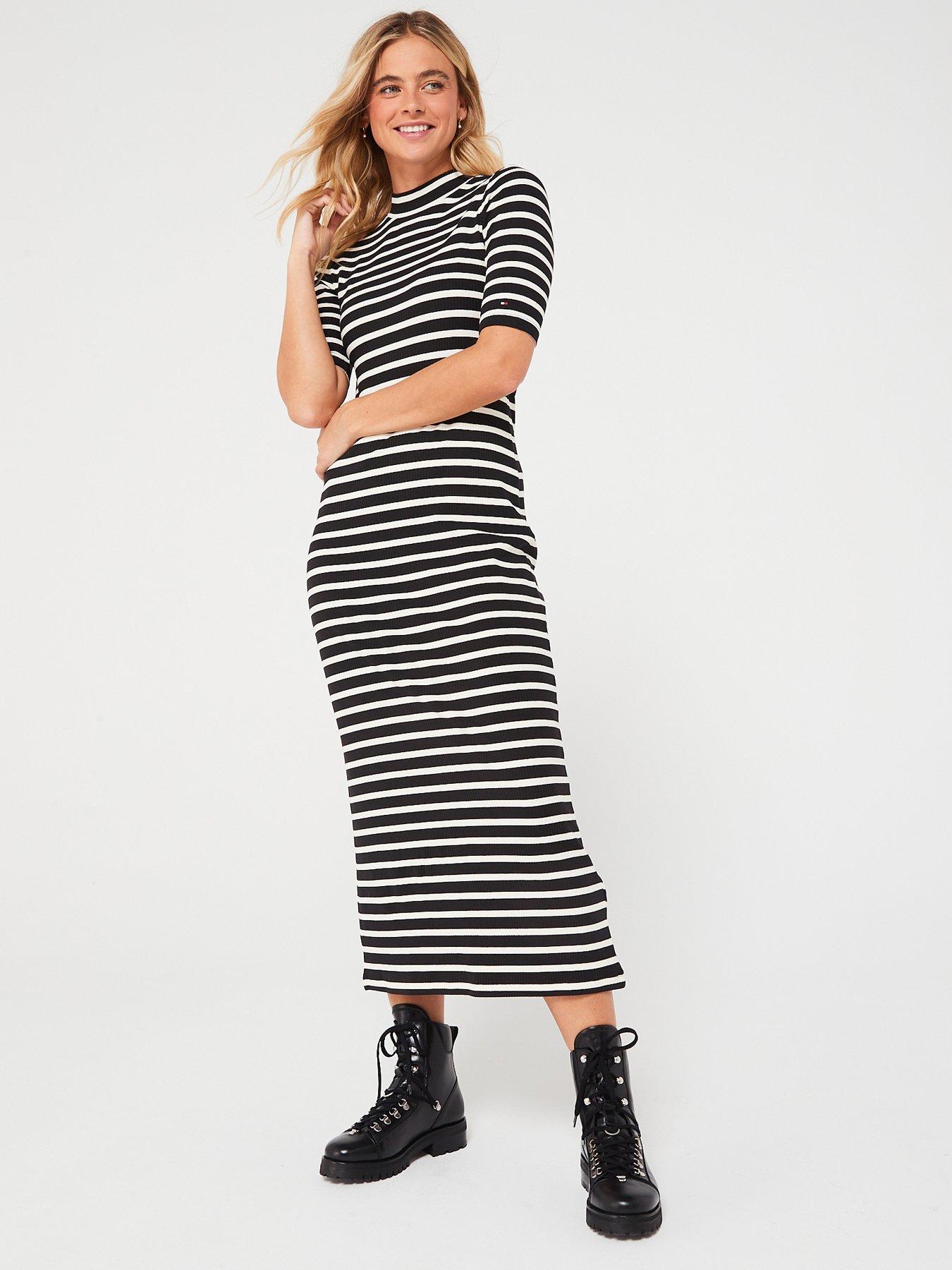 undefined Ribbed Stripe Short Sleeve Midi Dress - Black