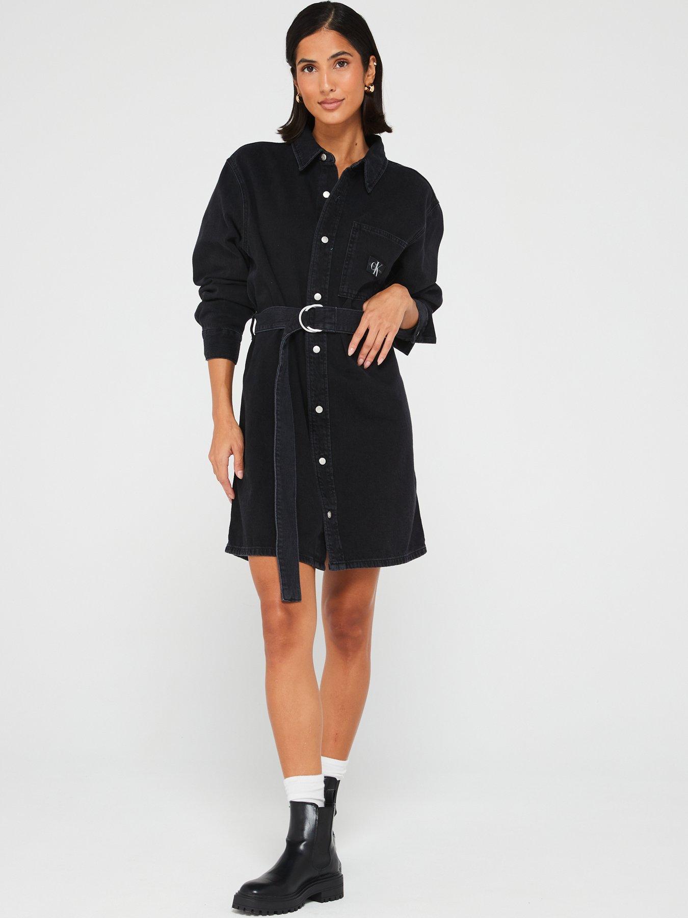 Calvin Klein Jeans Belted Utility Denim Shirt Dress - Black | Very.co.uk