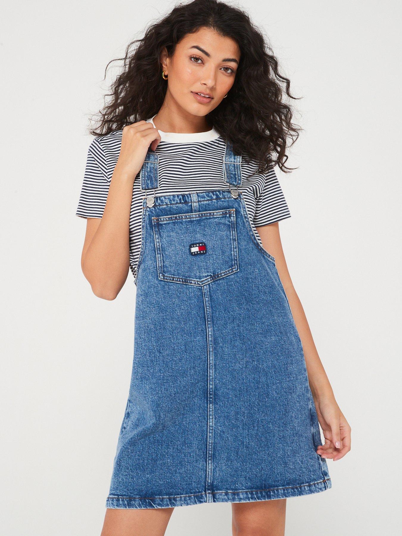 NEW Womens Denim Dungaree Dress Ladies Jean Pinafore Skirt Blue Sizes 8 10  12 14