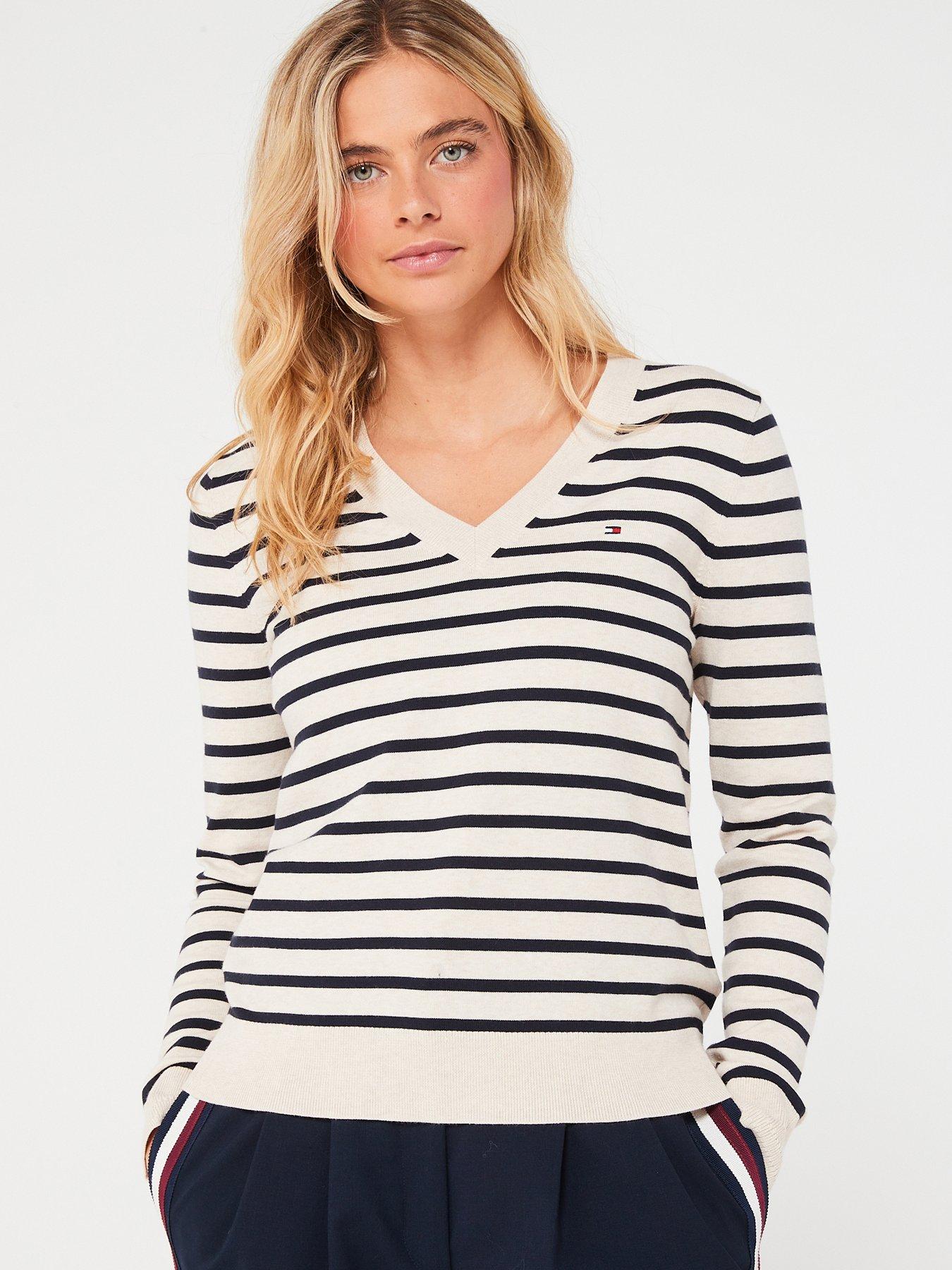 Stripe V neck Jumper Navy