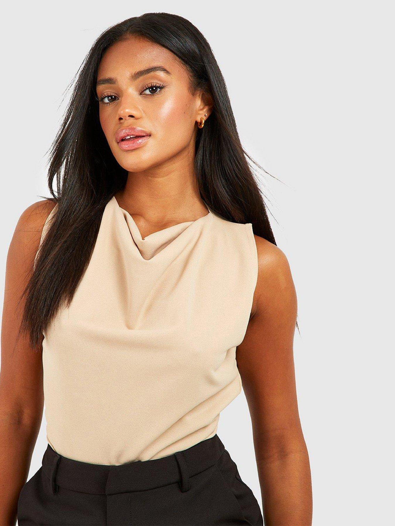 boohoo-crepe-cowl-neck-belted-blouse-stone