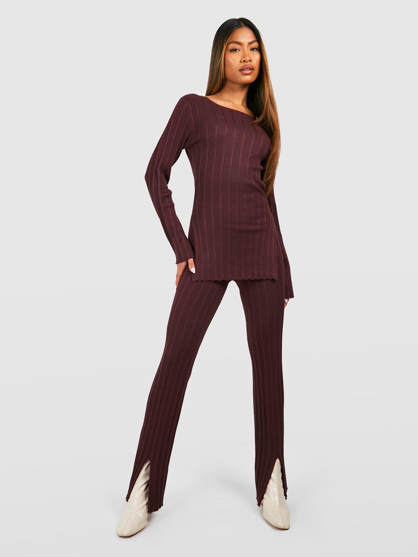 Boohoo Rib Knitted Co ord Set Brown Very