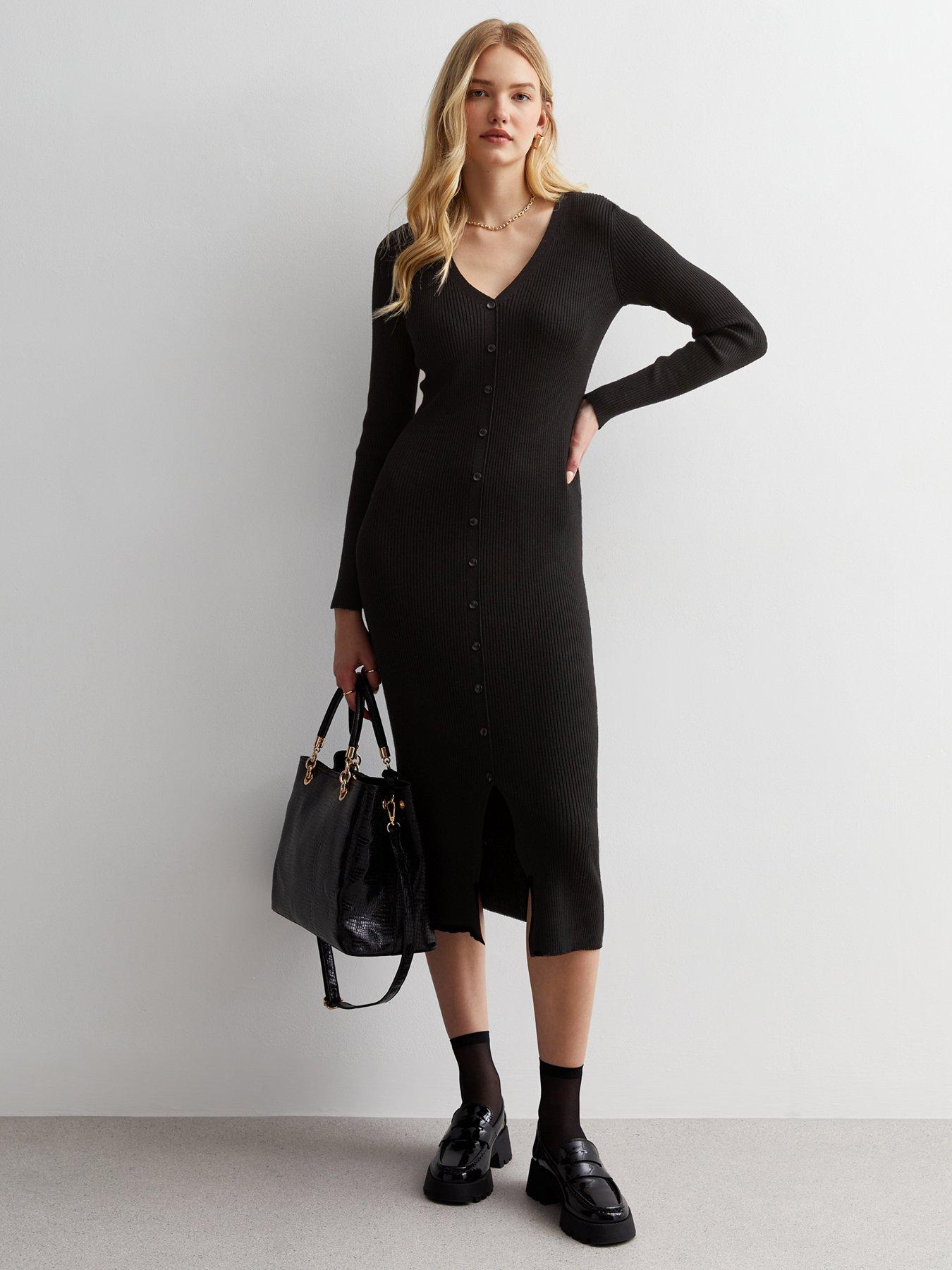 Black ribbed best sale button dress