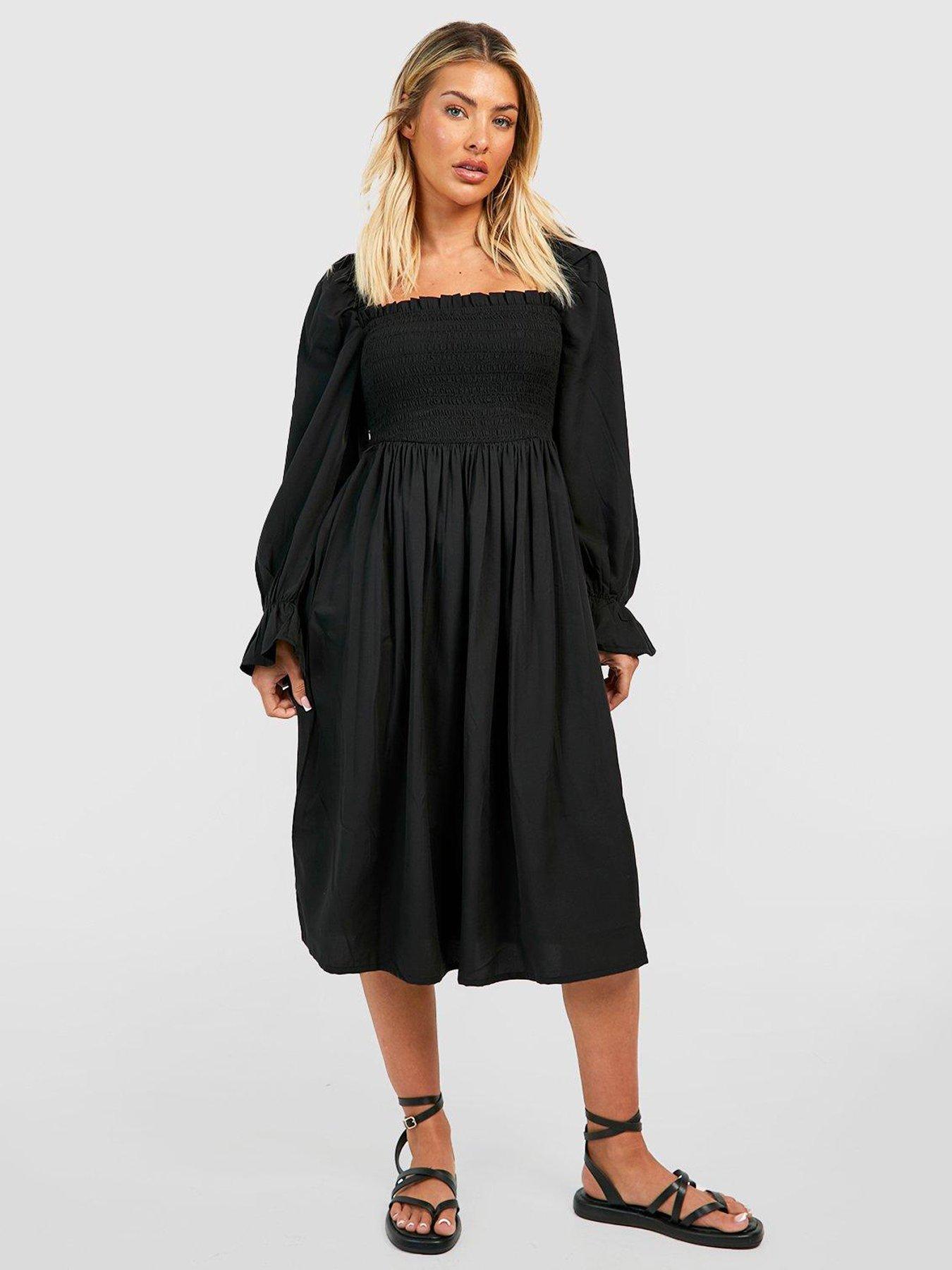 Boohoo Puff Sleeve Shirred Midi Dress - Black | Very.co.uk