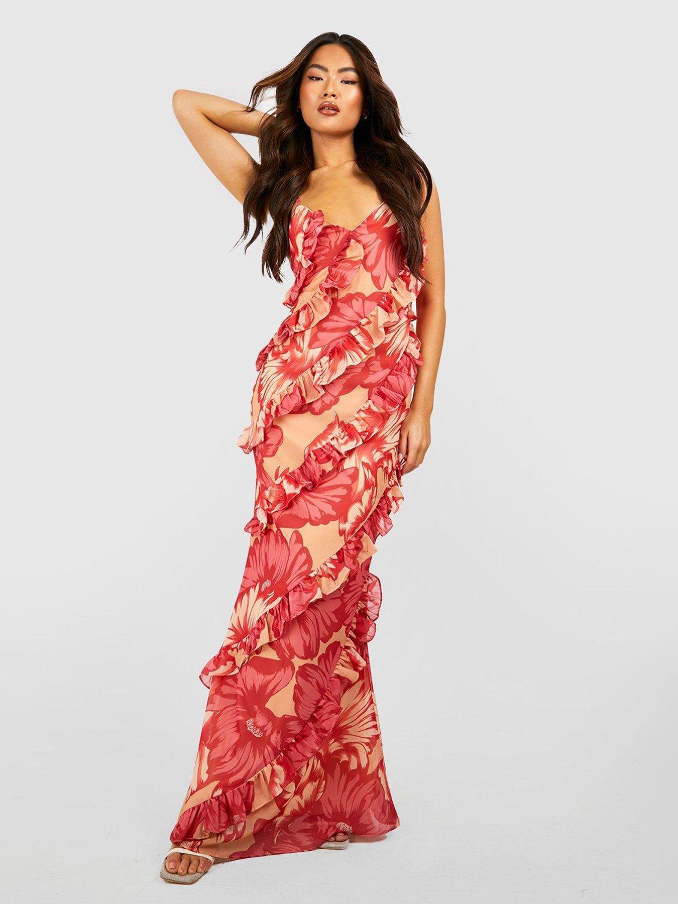 Boohoo Floral Ruffle Maxi Dress Pink Very