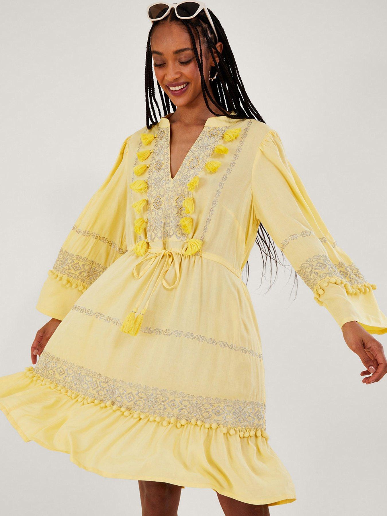 Monsoon Embroidered And Pom Kaftan Dress - Yellow