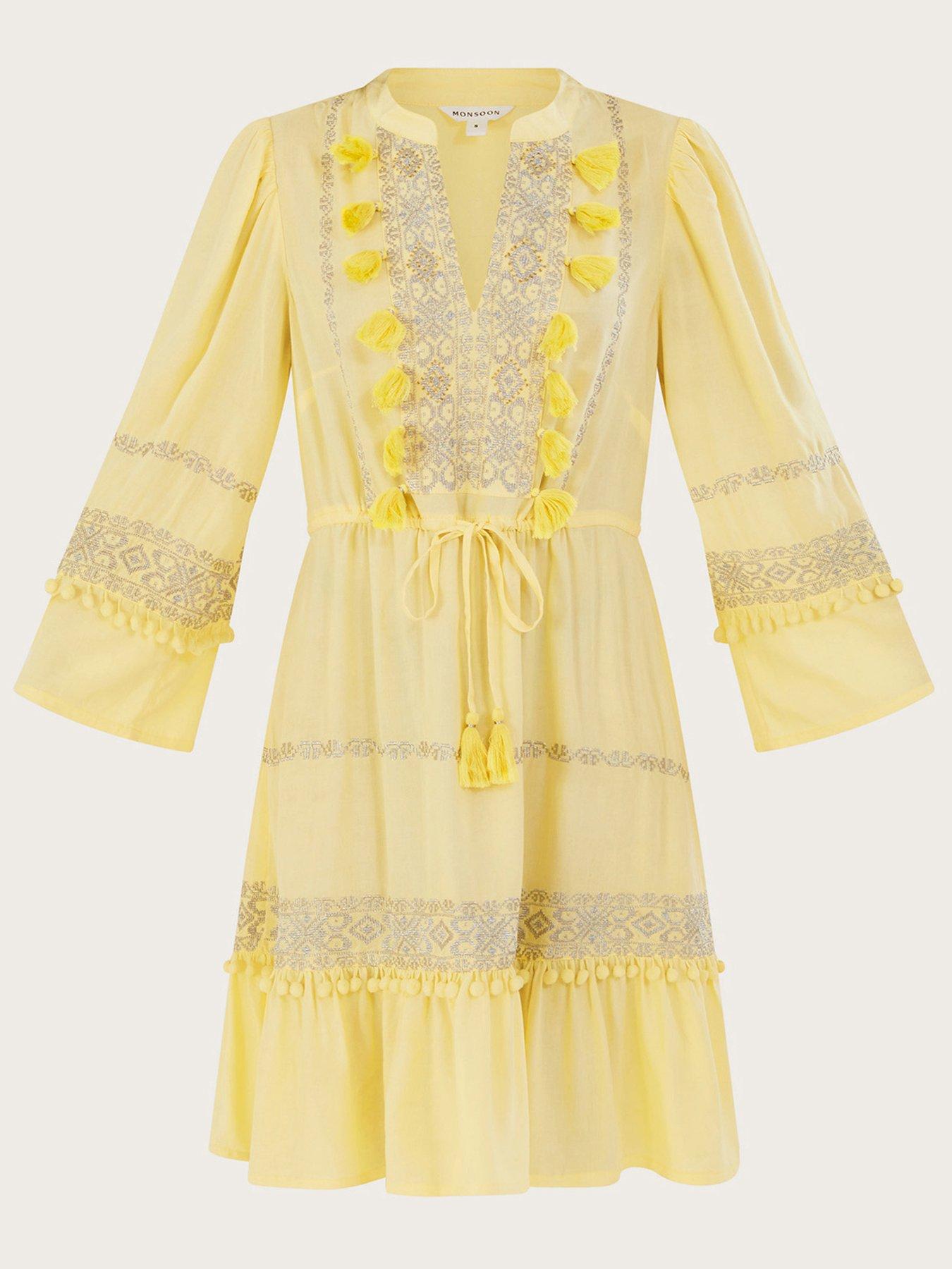 monsoon yellow embroidered dress Margo Embroidered Tea Dress in Recycled Polyester Yellow