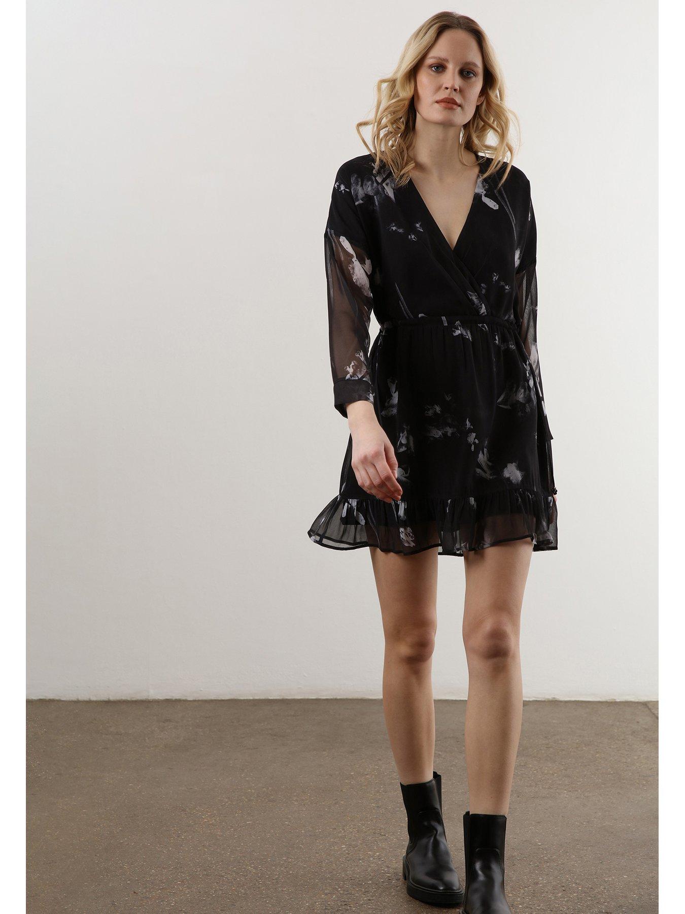 undefined Long Sleeve Ruffle Hem Mini Dress  - Black